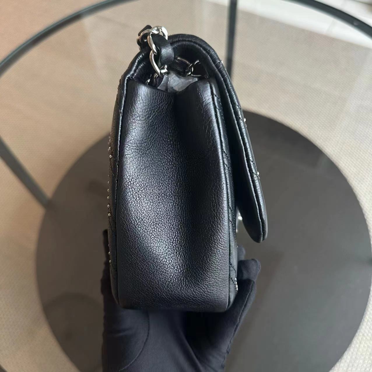 Chanel Studded Flap 28CM Chevron Calfskin Black SHW No 24 - Luxury Evermore