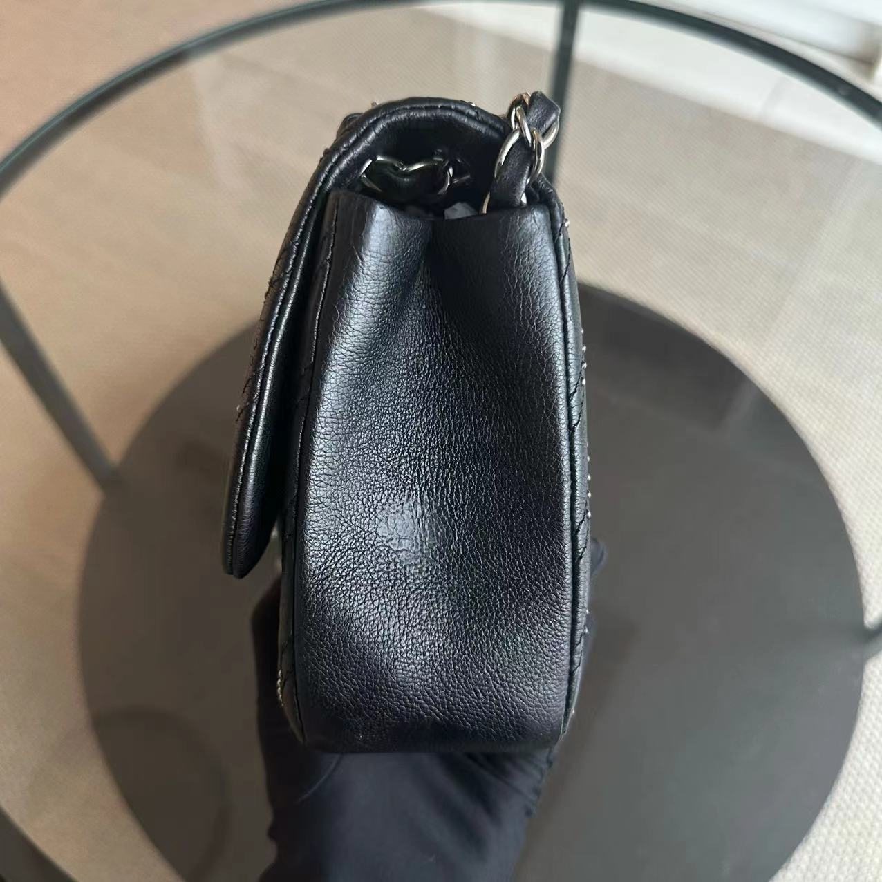 Chanel Studded Flap 28CM Chevron Calfskin Black SHW No 24 - Luxury Evermore