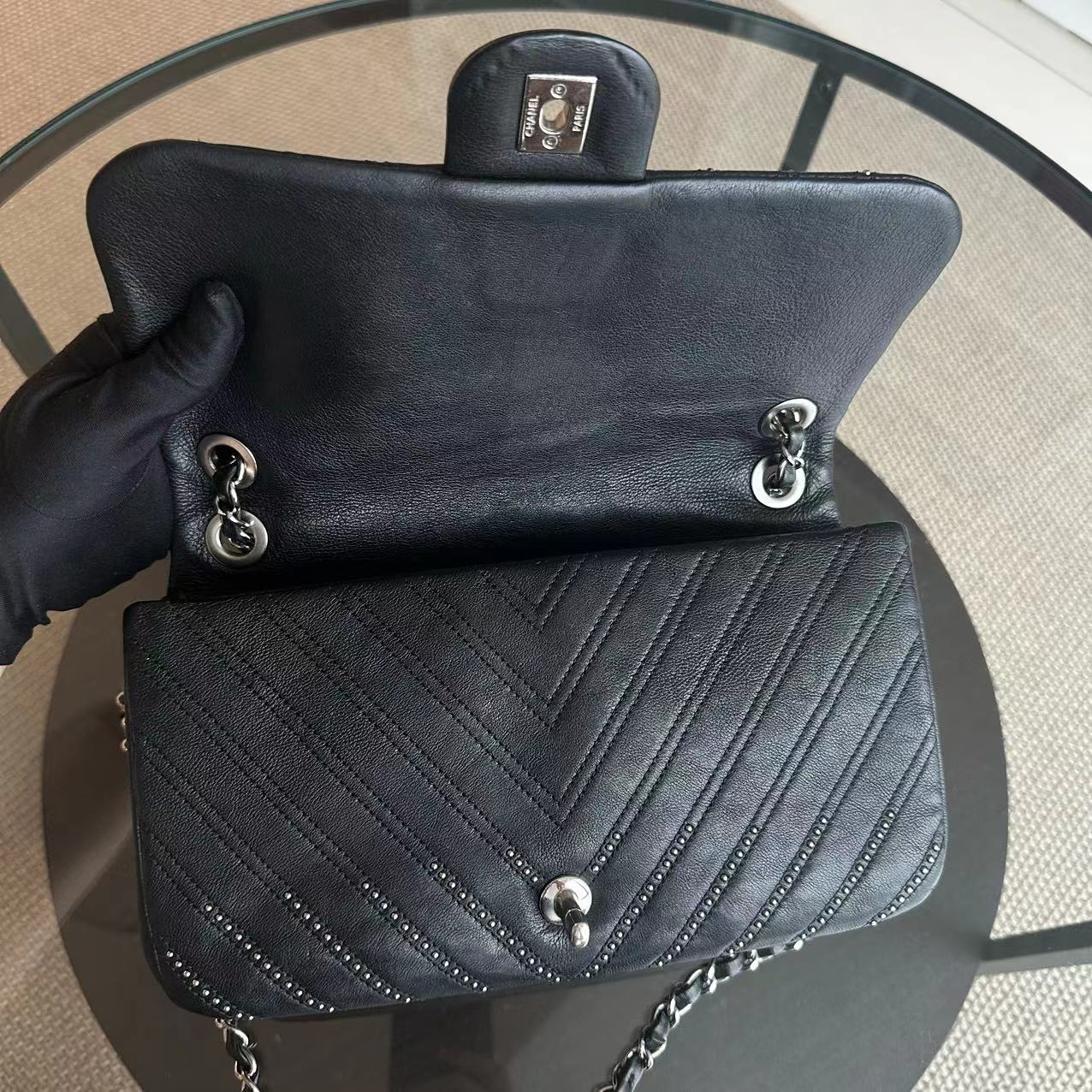 Chanel Studded Flap 28CM Chevron Calfskin Black SHW No 24 - Luxury Evermore