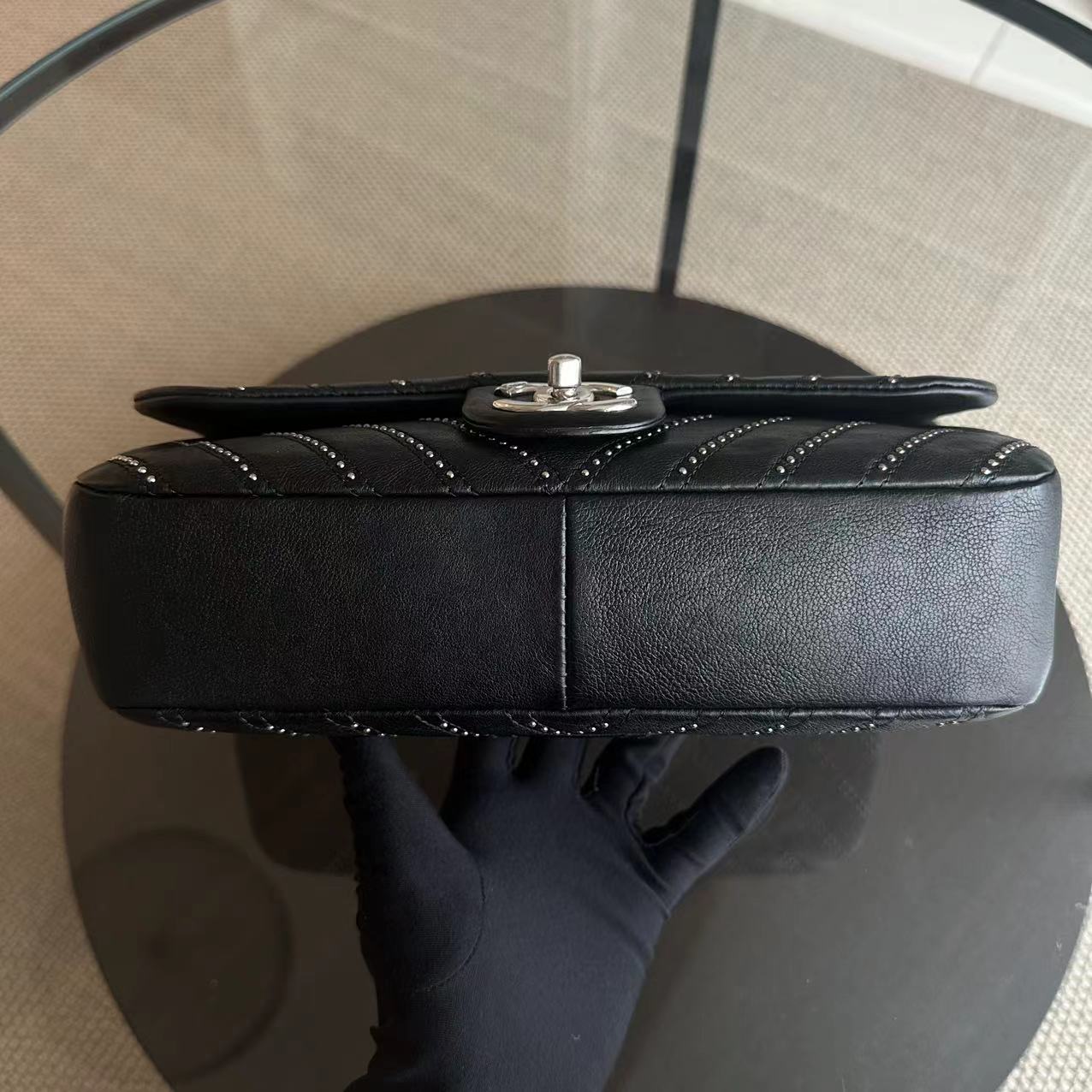 Chanel Studded Flap 28CM Chevron Calfskin Black SHW No 24 - Luxury Evermore