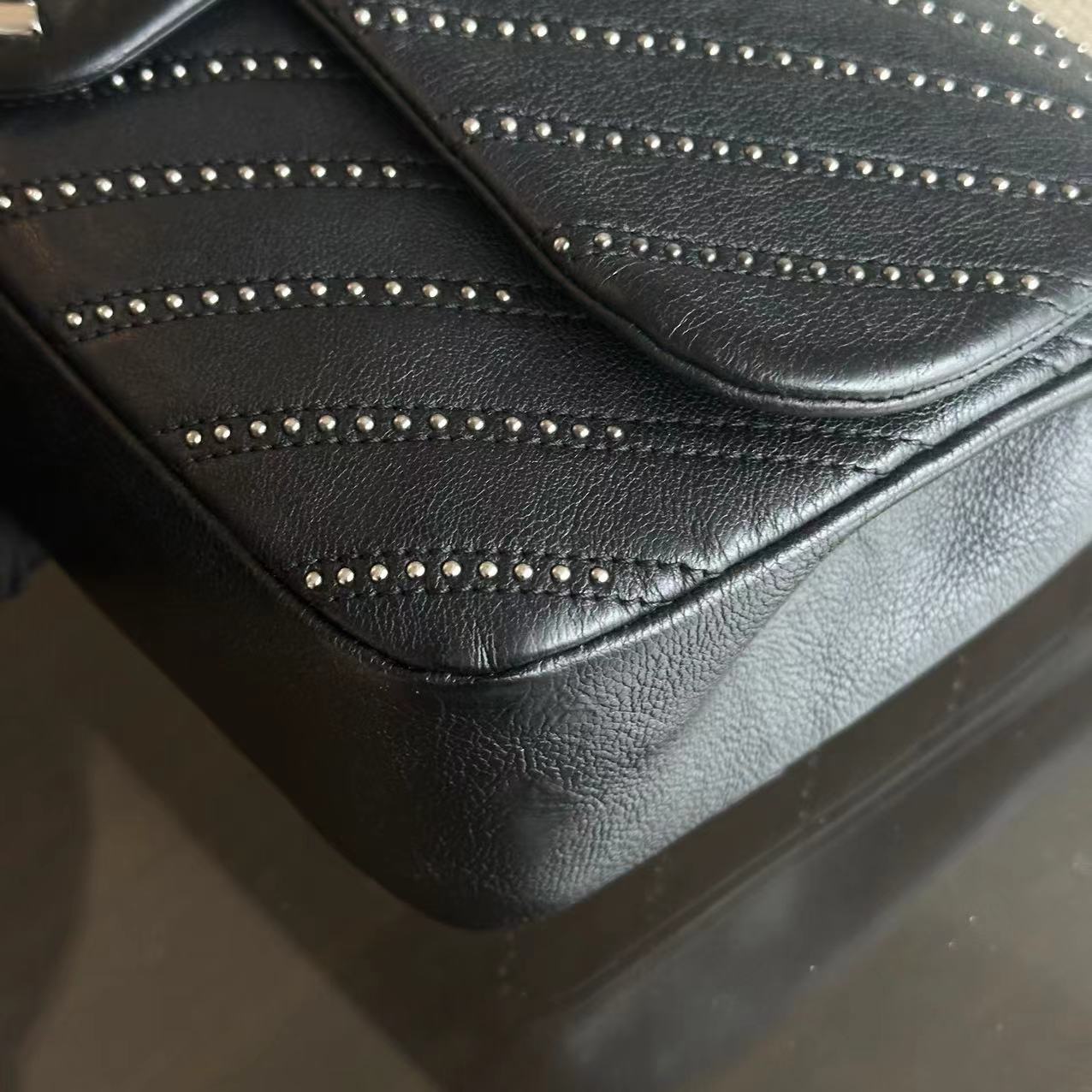 Chanel Studded Flap 28CM Chevron Calfskin Black SHW No 24 - Luxury Evermore