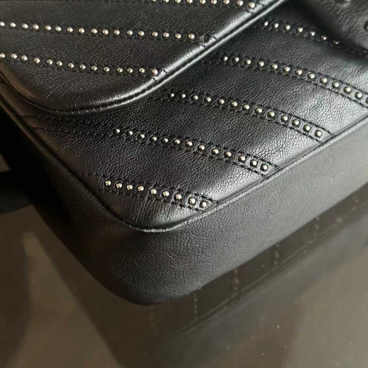 Chanel Studded Flap 28CM Chevron Calfskin Black SHW No 24 - Luxury Evermore