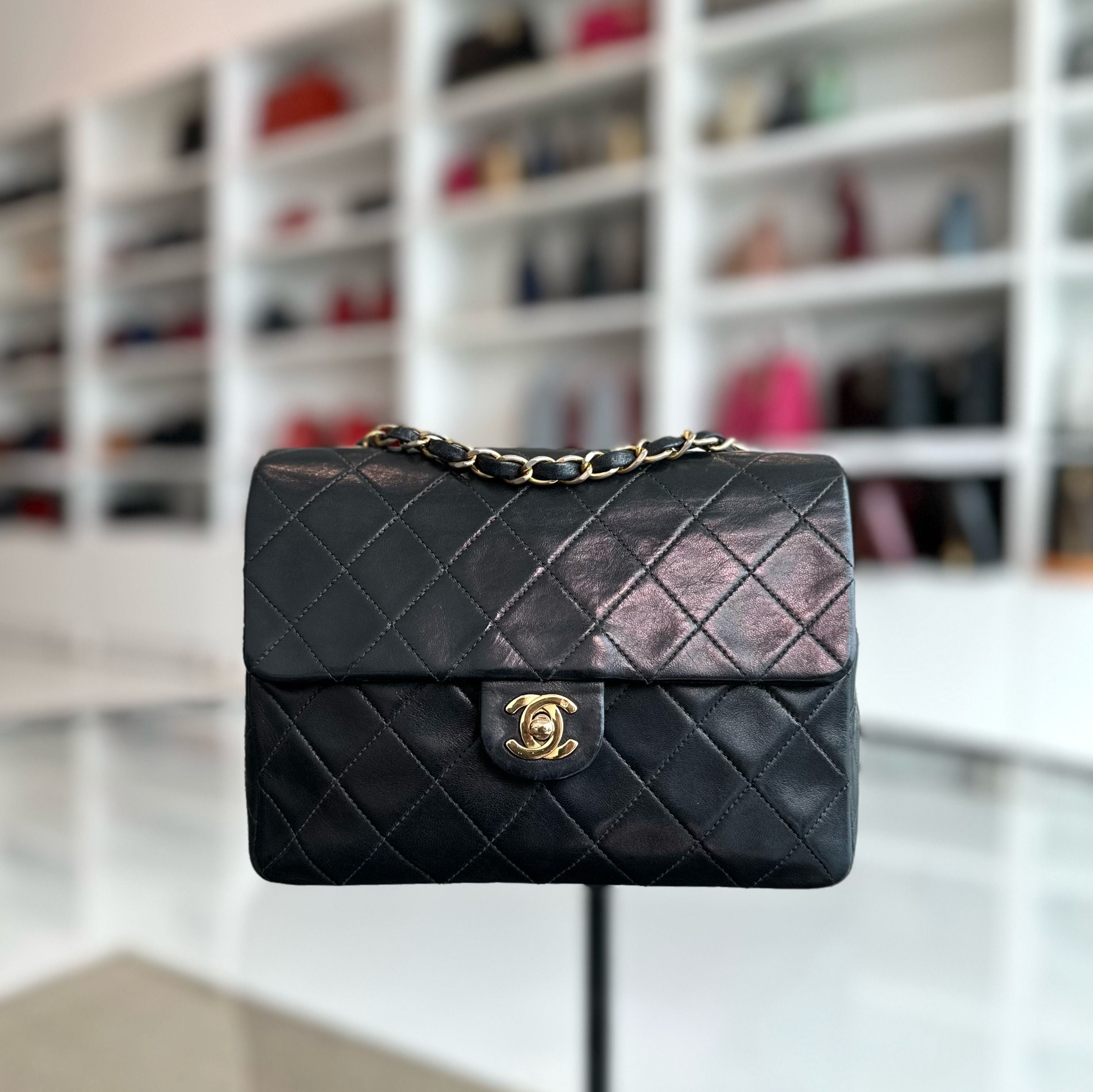 Chanel Vintage Classic Flap 20CM Mini Square Black GHW - Luxury Evermore