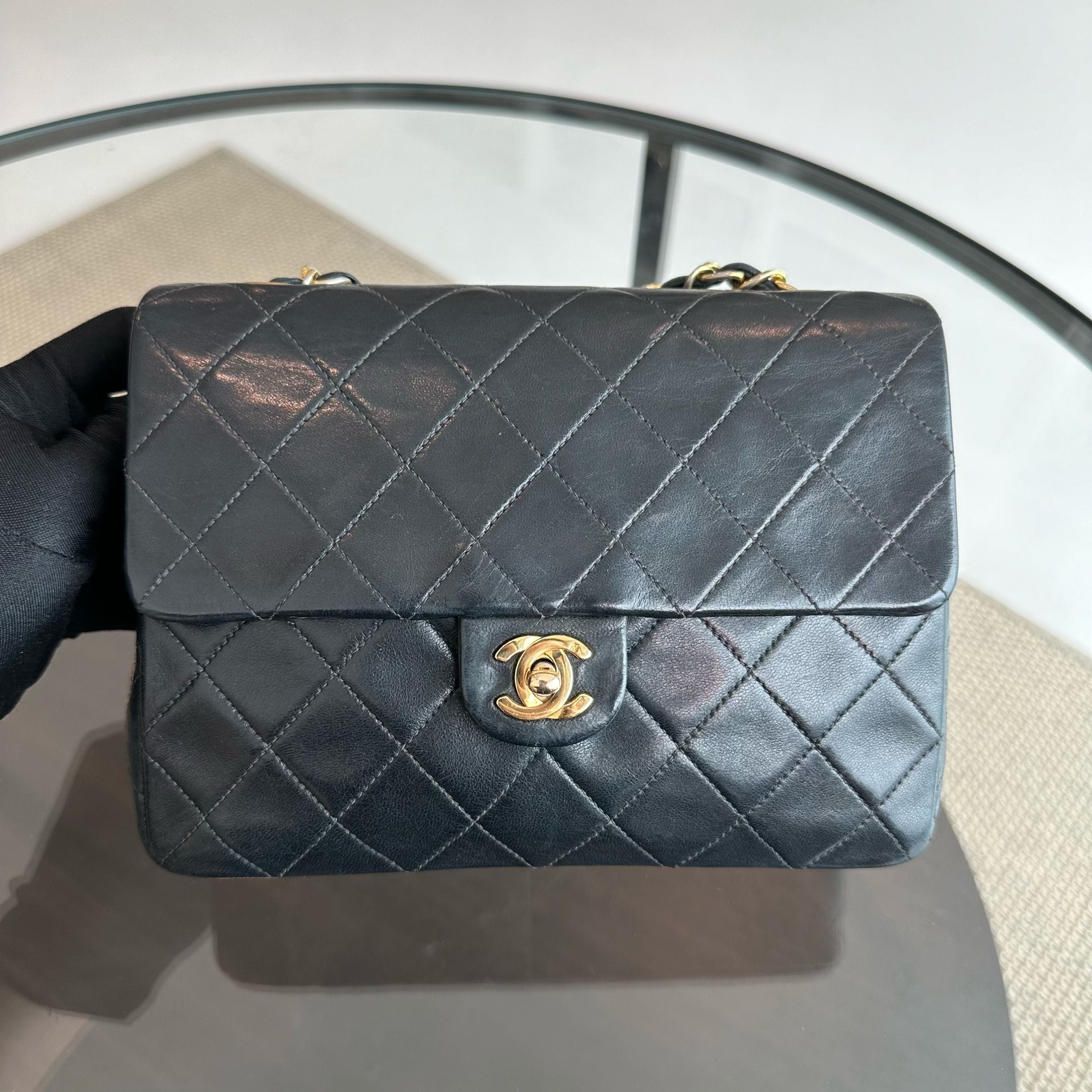 Chanel Vintage Classic Flap 20CM Mini Square Black GHW - Luxury Evermore