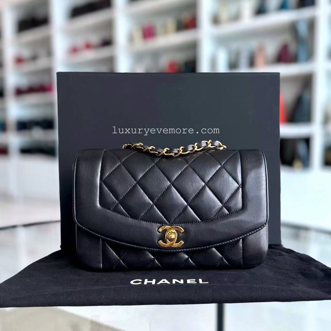 Chanel Vintage Diana Small Quilted Lambskin Black 24K Golden Hardware Series 3 - Luxury Evermore