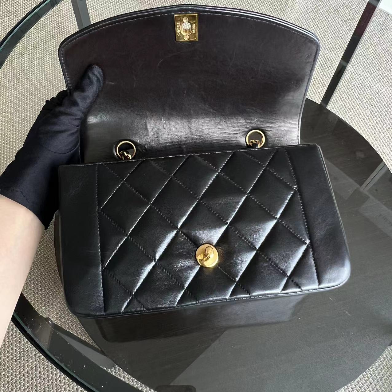 Chanel Vintage Diana Small Quilted Lambskin Black 24K Golden Hardware Series 3 - Luxury Evermore