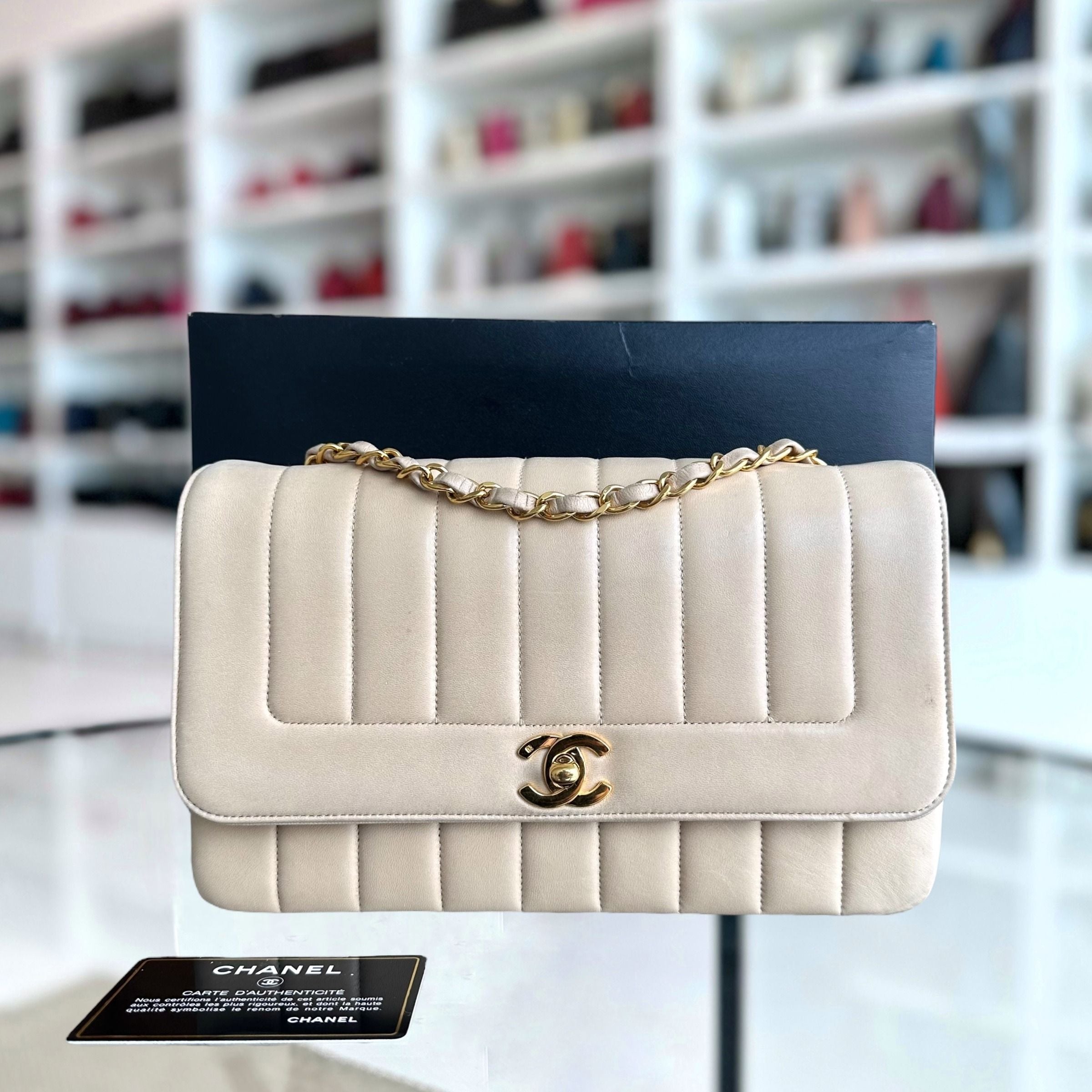 Chanel Vintage Mademoiselle Vertical Quilted Flap Lambskin Beige GHW No 2 - Luxury Evermore