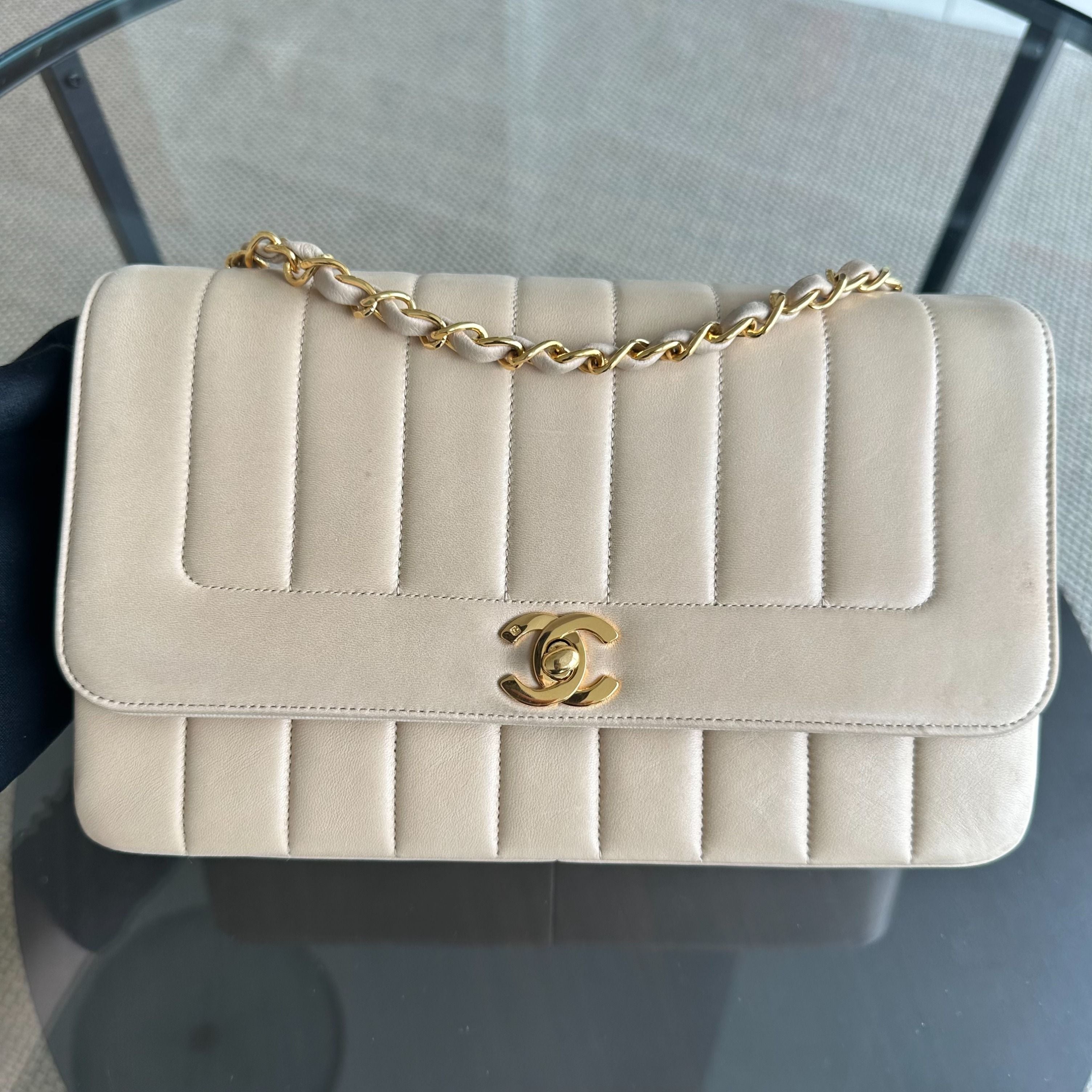 Chanel Vintage Mademoiselle Vertical Quilted Flap Lambskin Beige GHW No 2 - Luxury Evermore