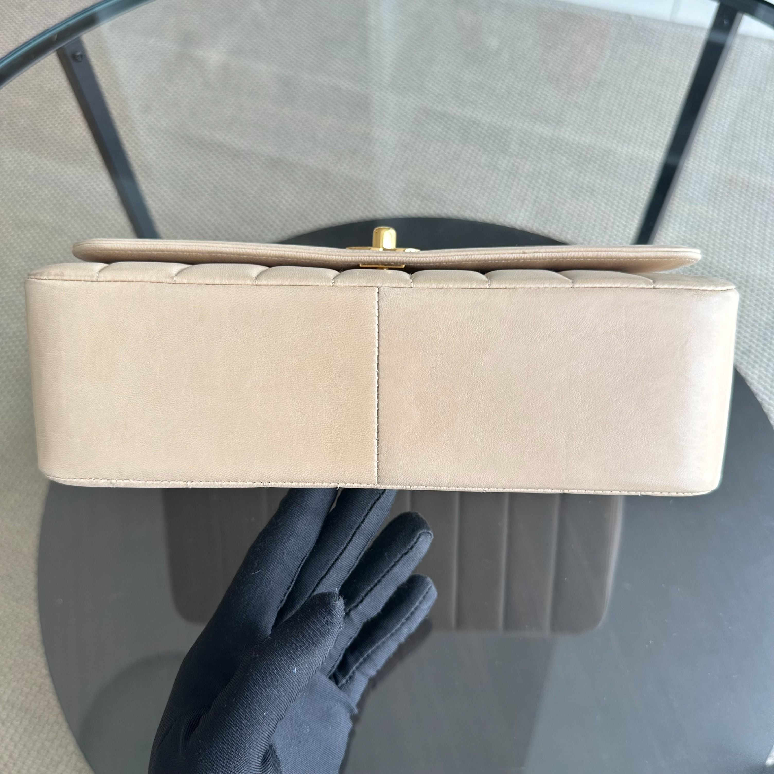 Chanel Vintage Mademoiselle Vertical Quilted Flap Lambskin Beige GHW No 2 - Luxury Evermore