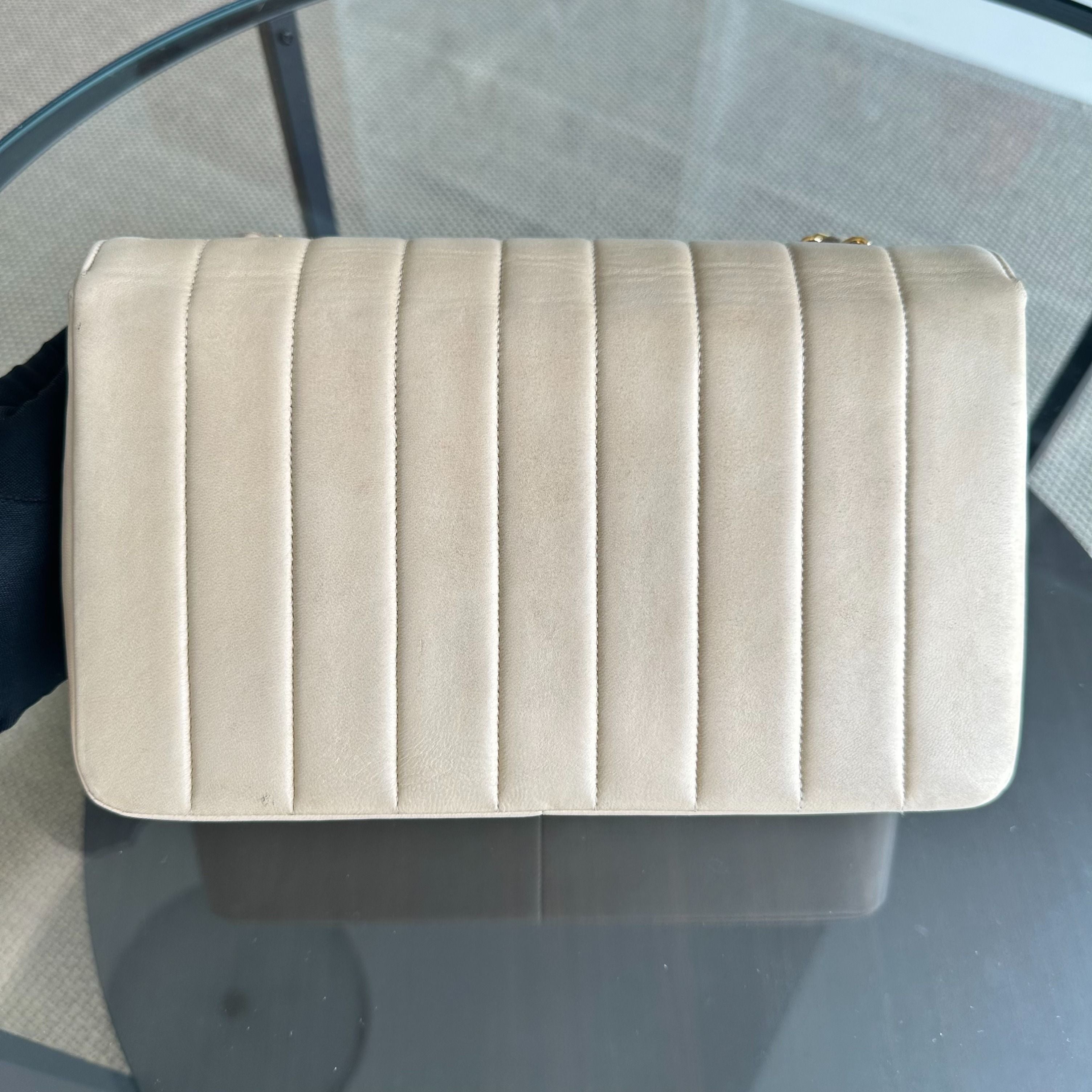 Chanel Vintage Mademoiselle Vertical Quilted Flap Lambskin Beige GHW No 2 - Luxury Evermore