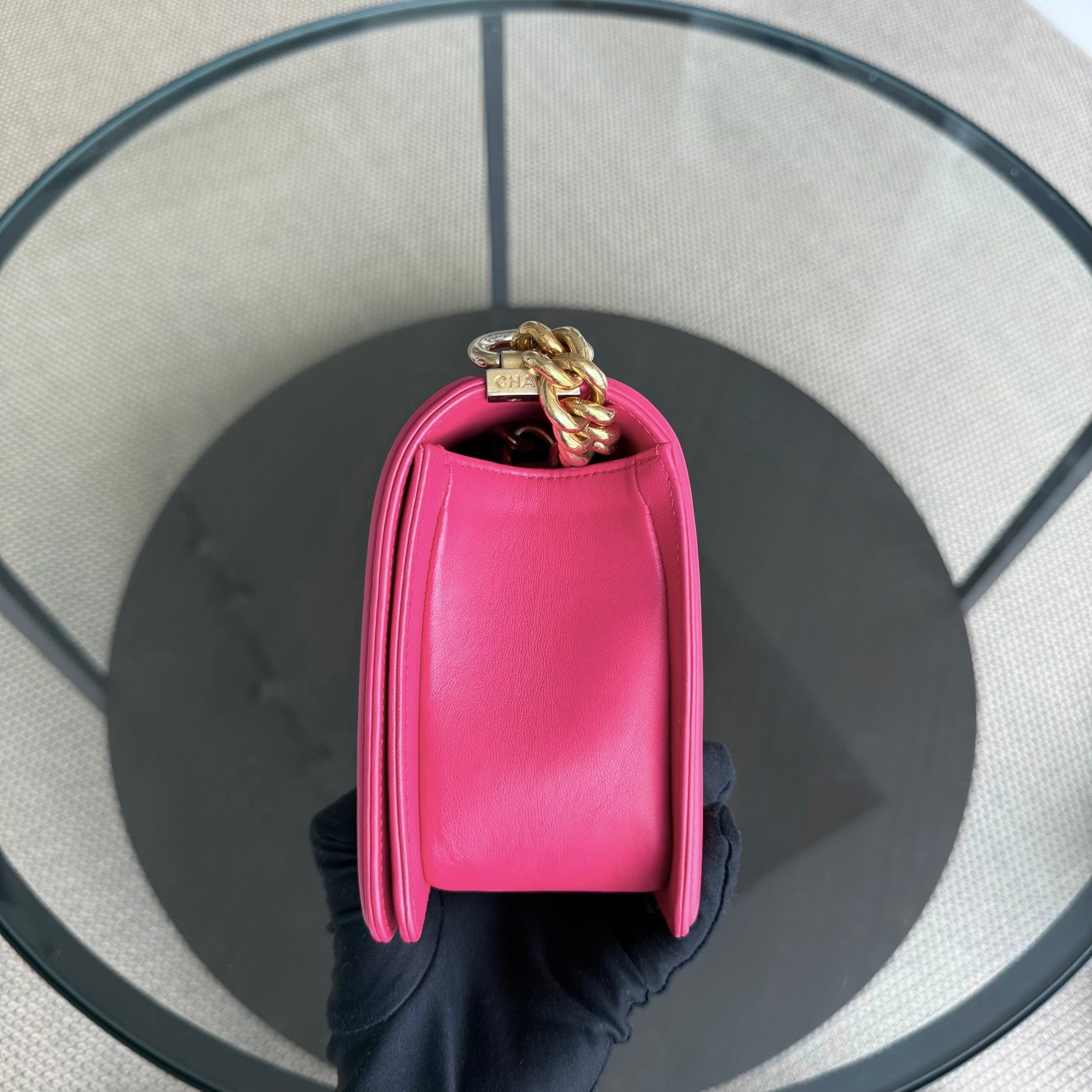 Chanel Boy Medium - 25CM Quilted Lambskin Hot Pink Gold Hardware Series 23