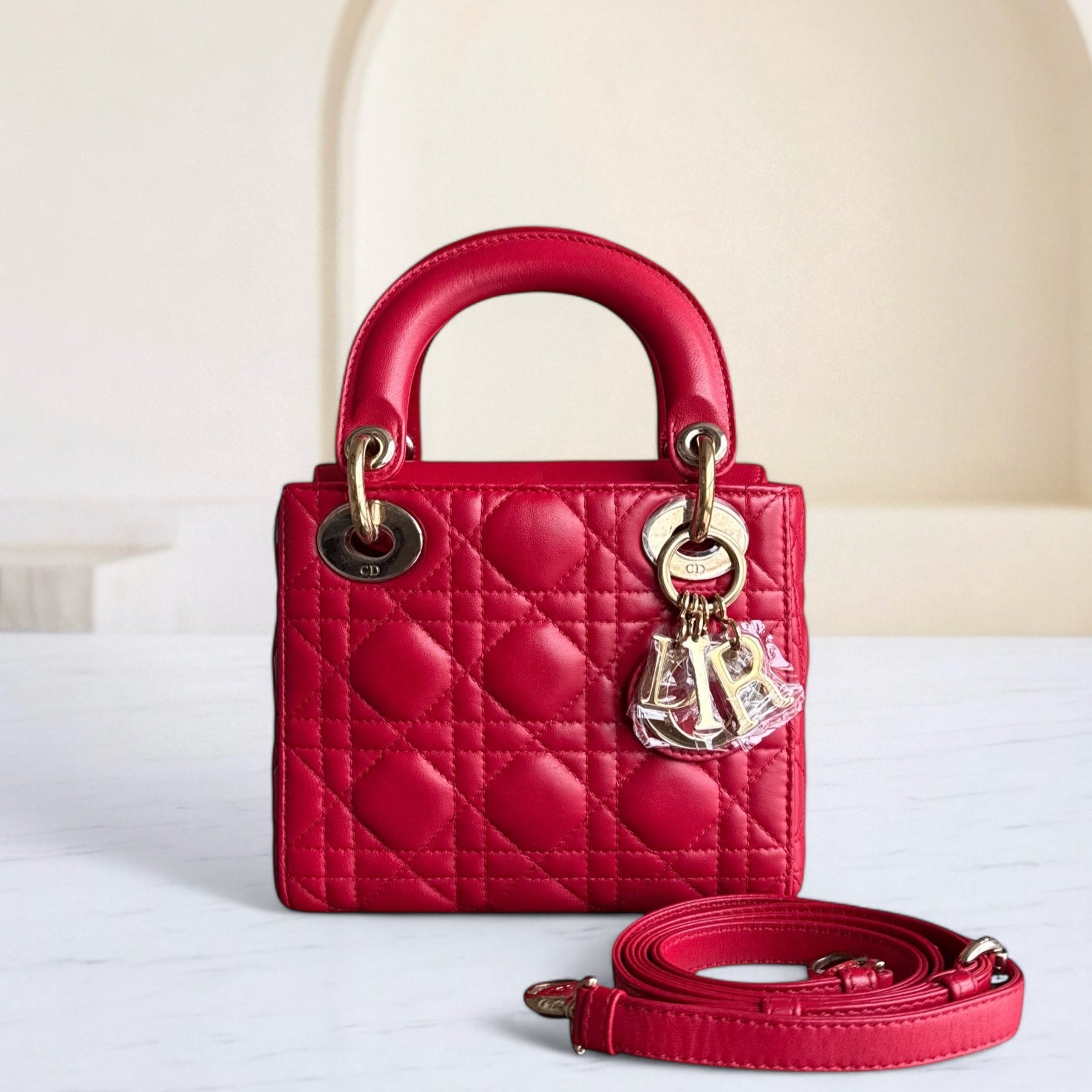 Dior Lady Mini - Cannage Lambskin Red Gold Hardware Adjustable Strap