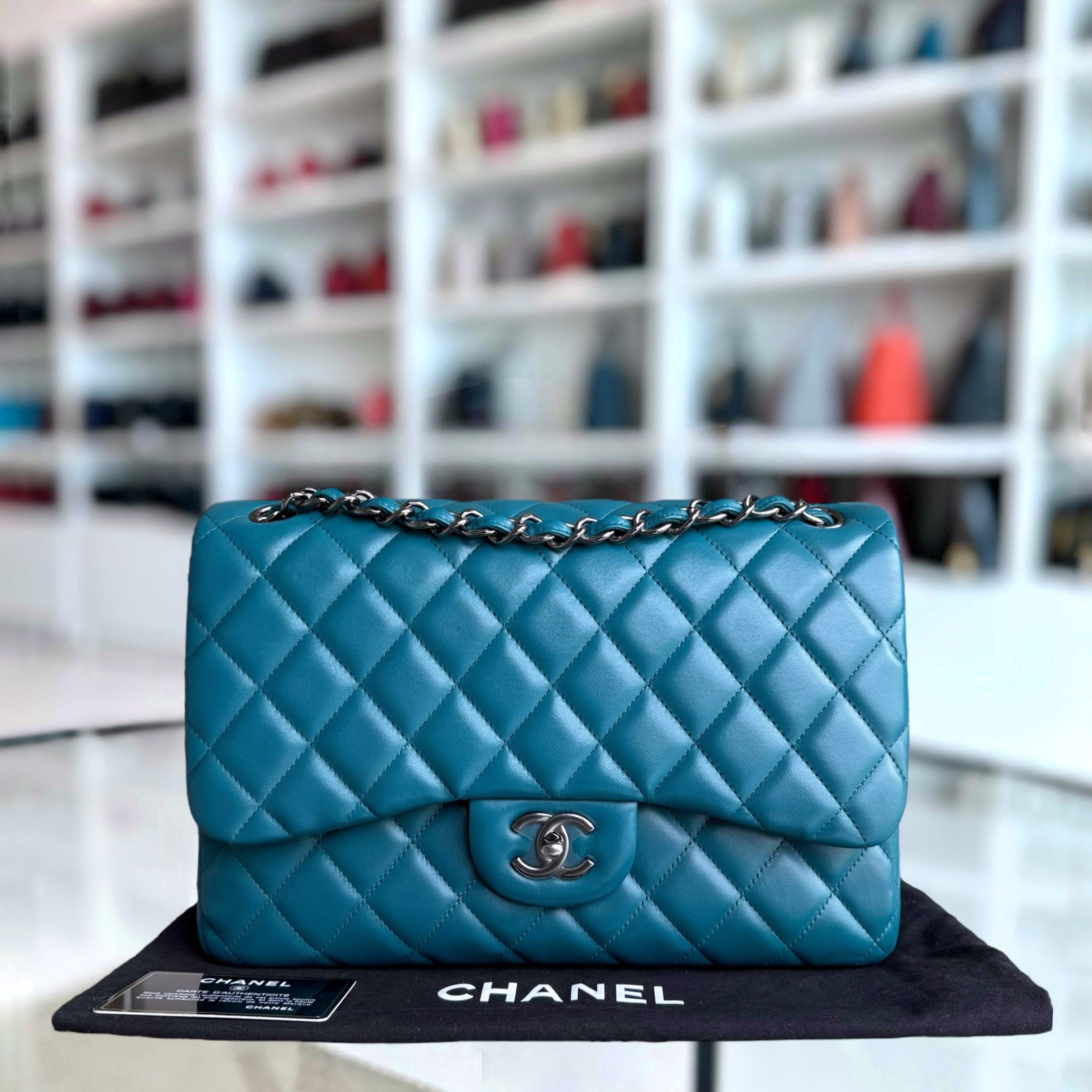 Chanel Classic Flap Jumbo - Double Flap 30CM Quilted Lambskin Blue Ruthenium Silver Hardware Series 15