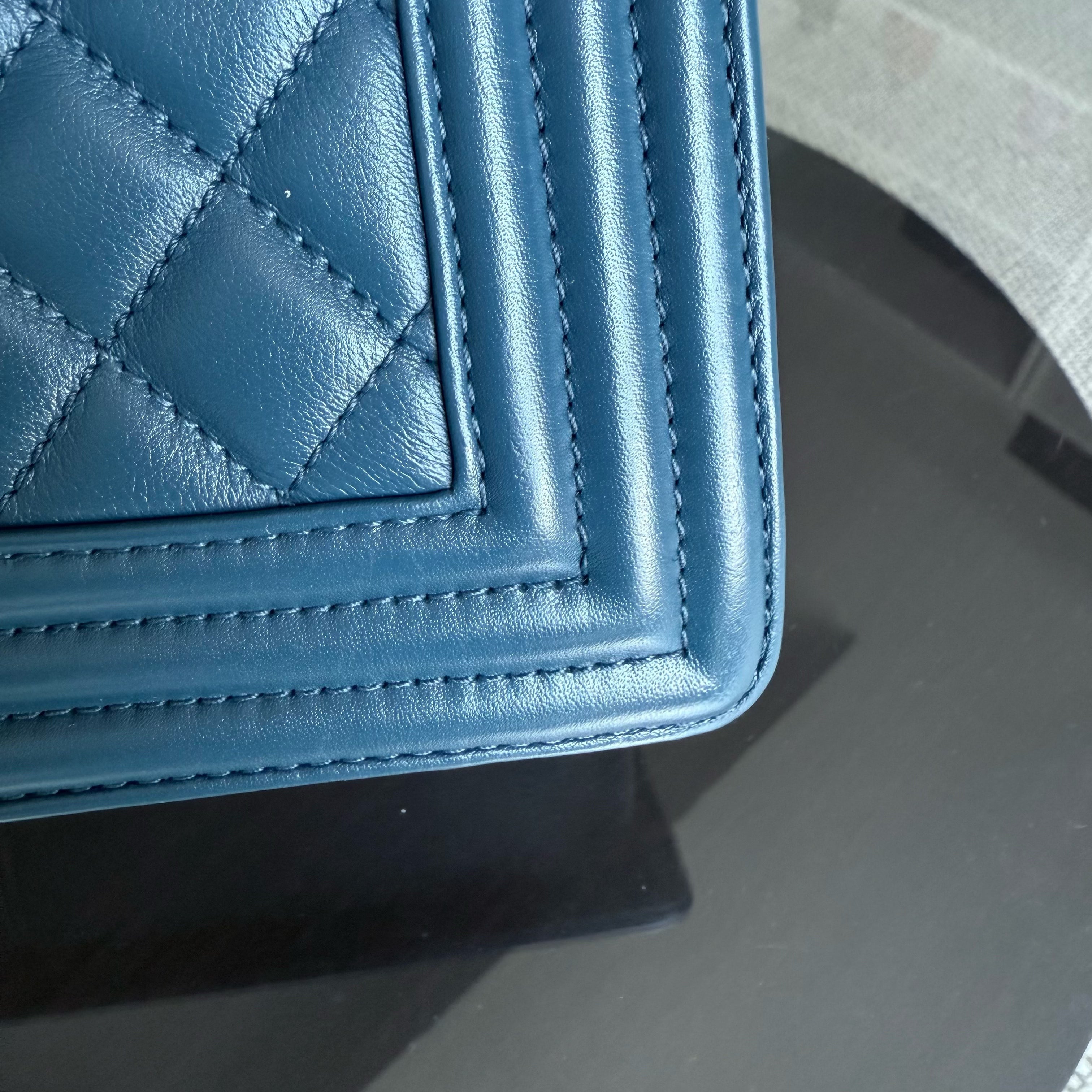 Chanel Boy Medium - Calfskin 25CM Quilted Blue Ruthenium Silver Hardware Series 26