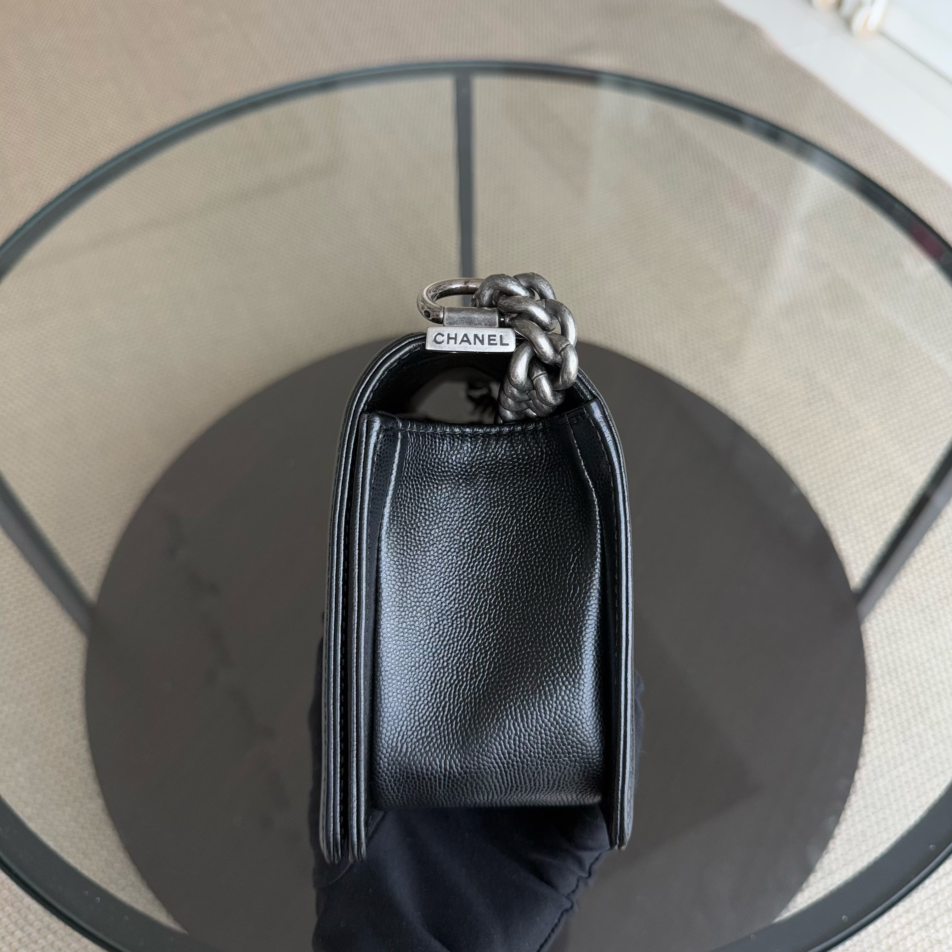 Chanel Boy Medium - Caivar 25CM Quilted Black Ruthenium Silver Hardware