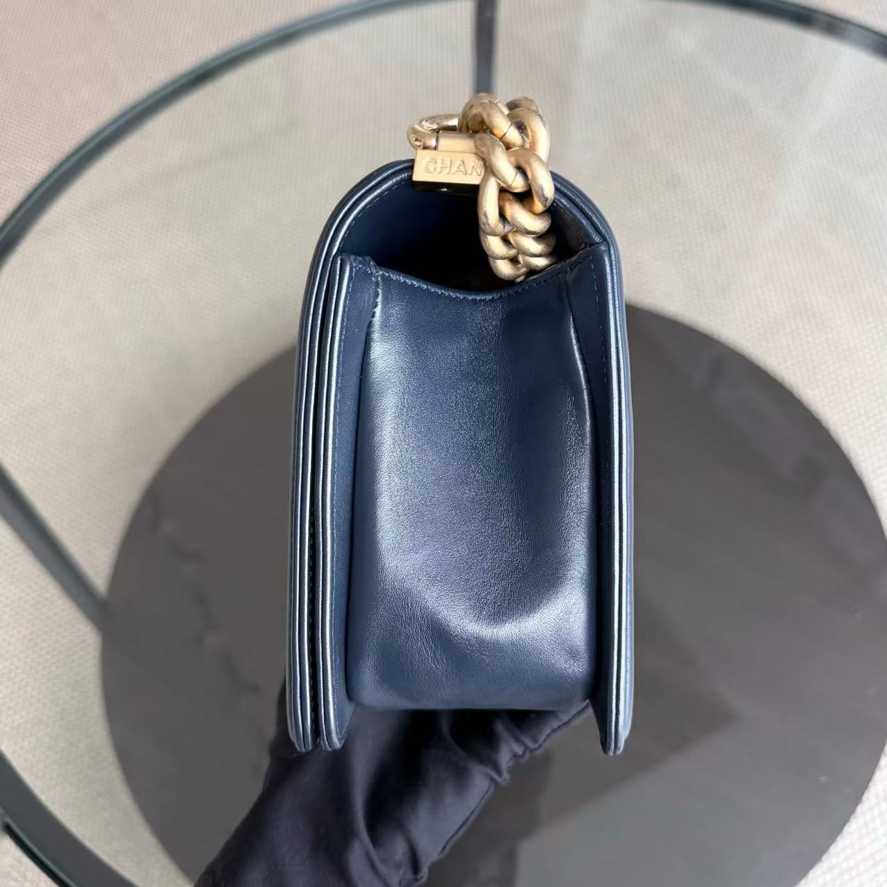 Chanel Boy Medium - 25CM Chevron Lambskin Dark Navy Blue Gold Hardware Series 25