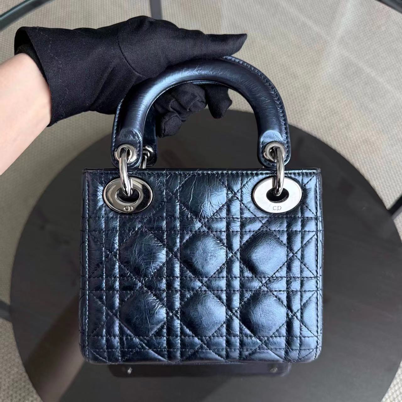 Dior Lady Mini - Glazed Calfskin Metallic Blue Silver Palladium Hardware