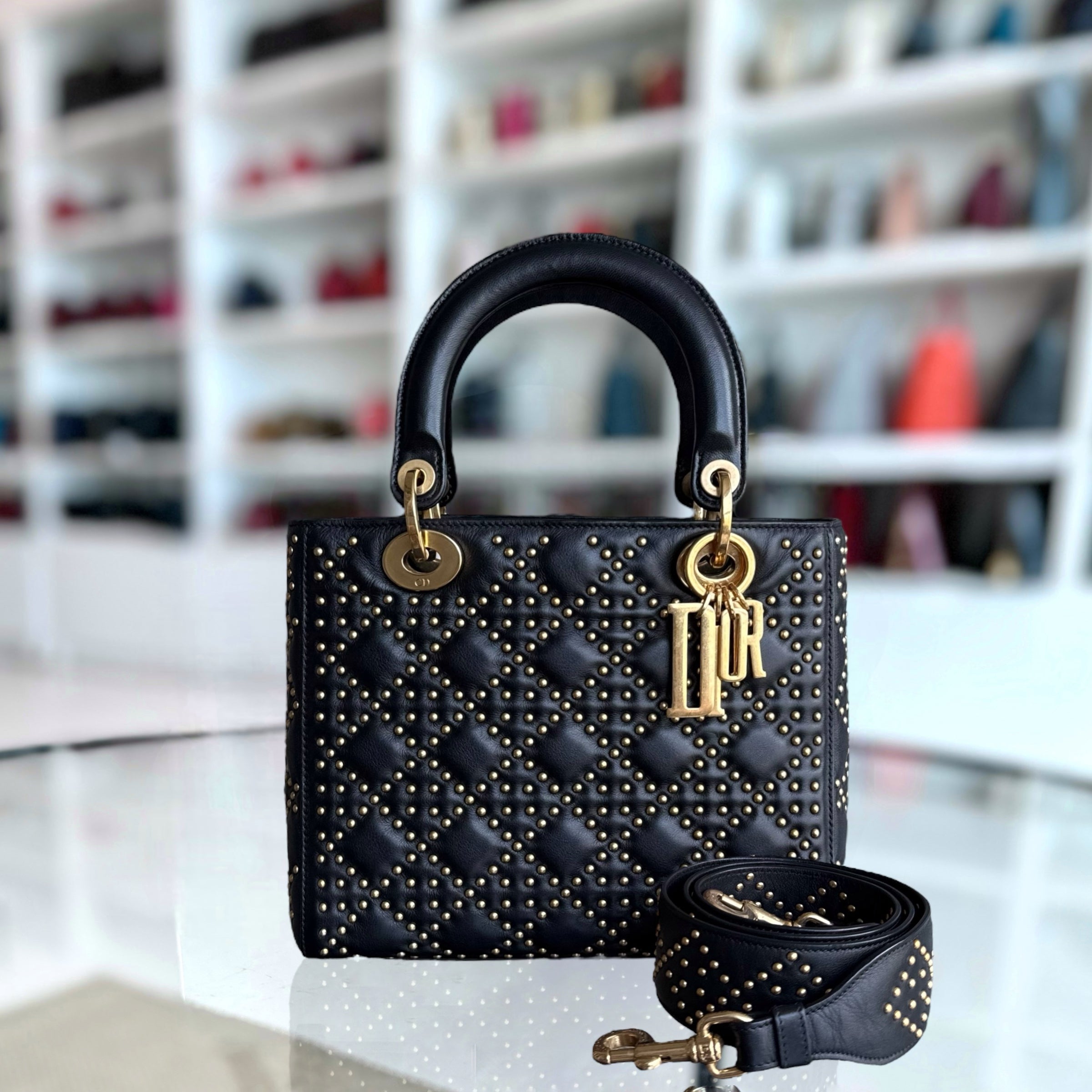Dior Lady Medium Flap - Studded Cannage Calfskin Black Gold Hardware
