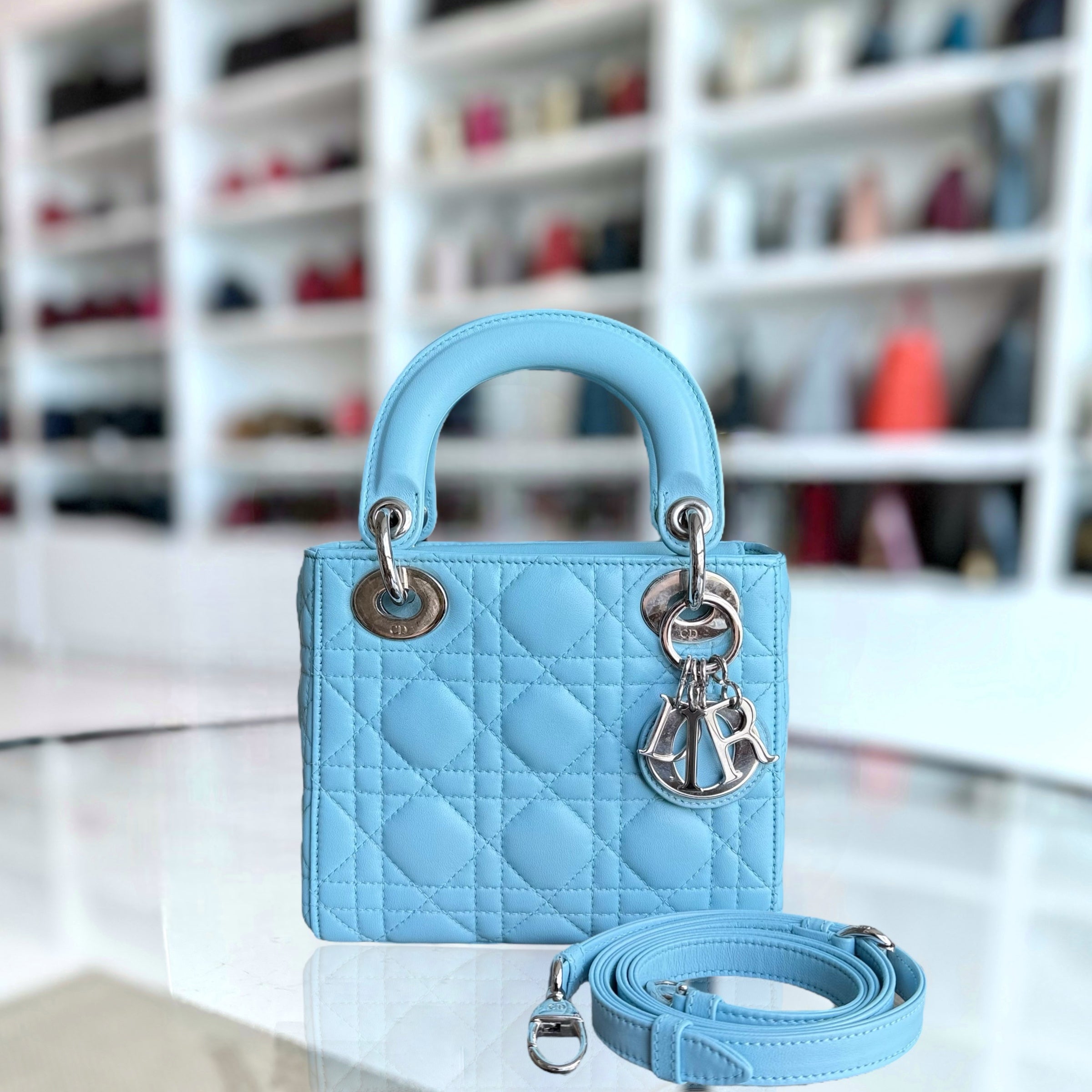 Dior Lady Mini - Cannage Lambskin Light Blue Silver Hardware Adjustable strap