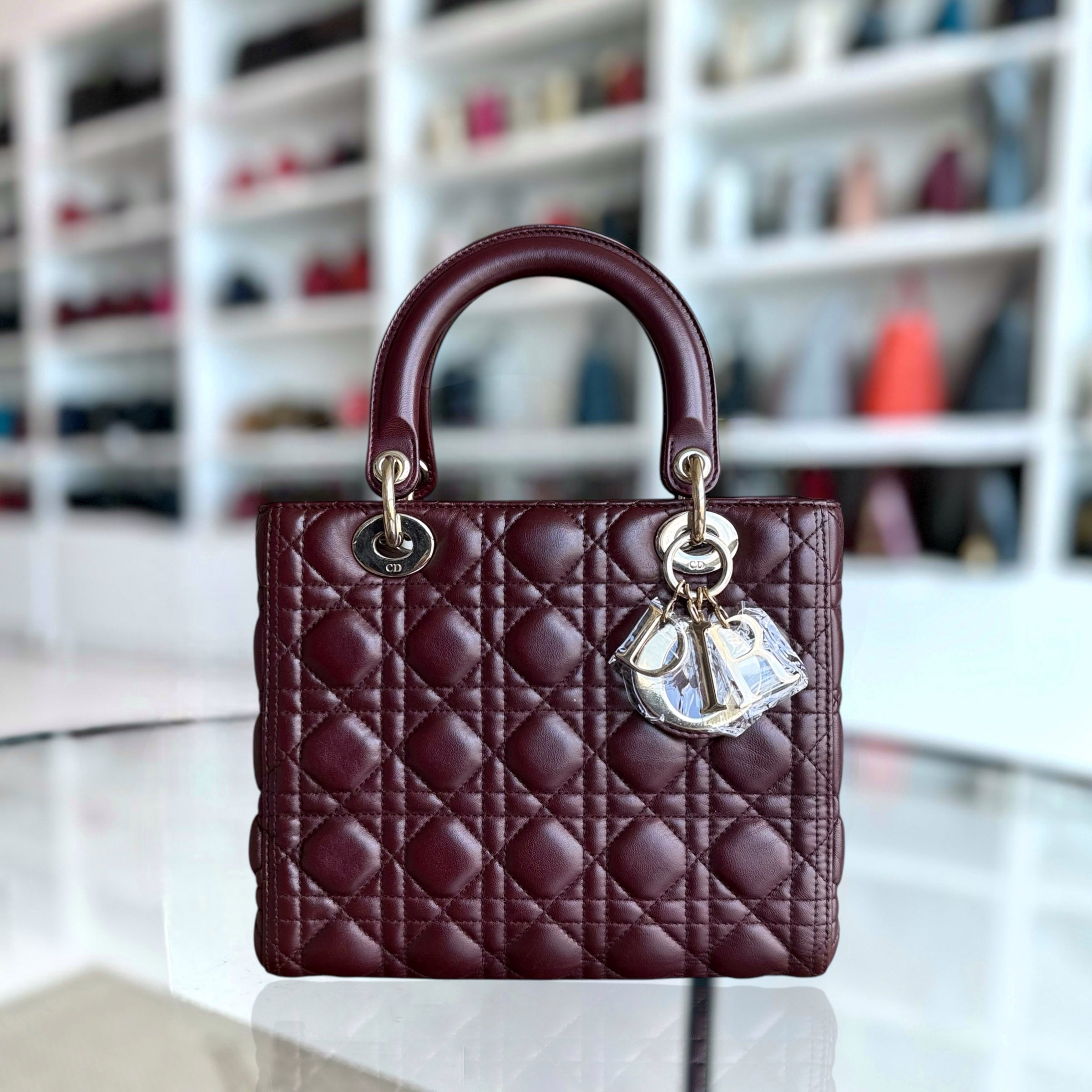 Dior Lady Medium - Cannage Lambskin Dark Burgundy Red Gold Hardware NO STRAP