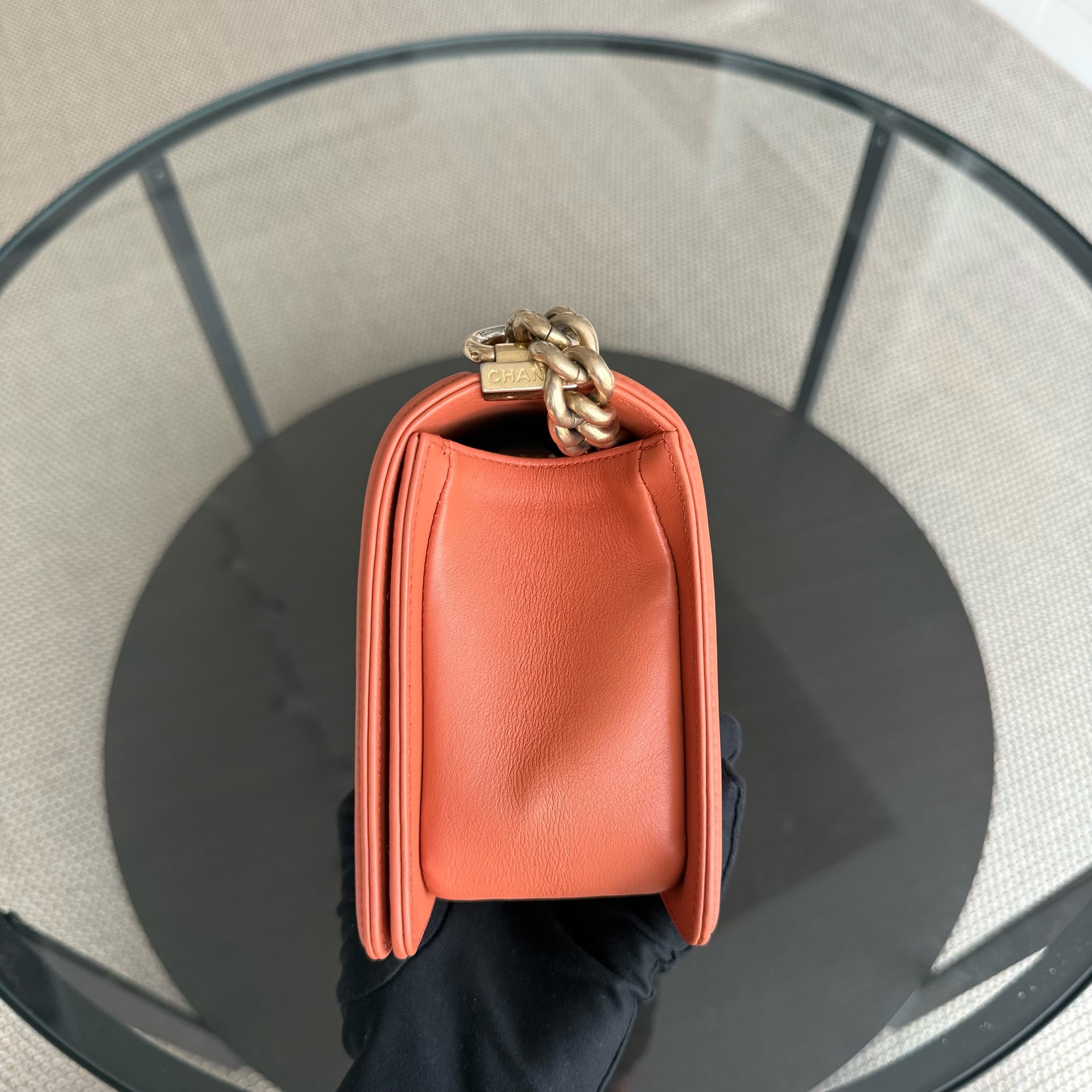 Chanel Boy Medium - 25CM Quilted Clafskin Caramel Aged Gold Hardware Series 20