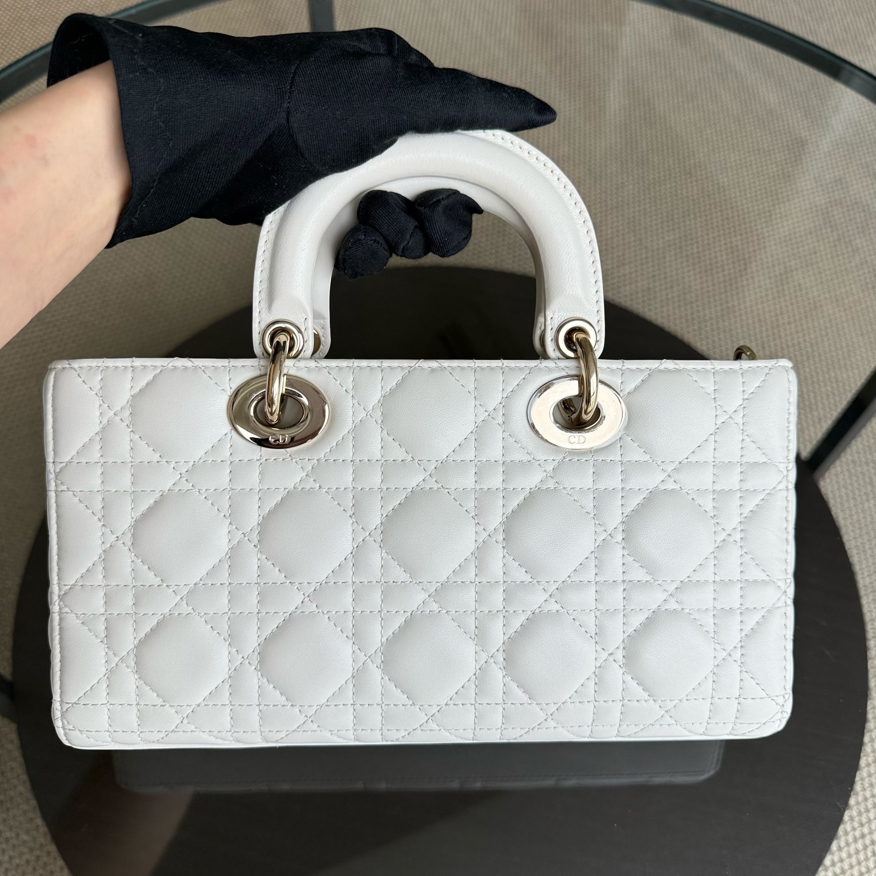 Dior D-joy Medium - Cannage Lambskin White Gold Hardware