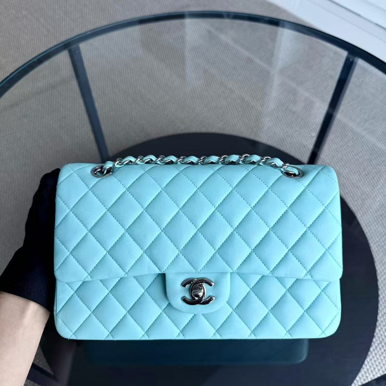 Chanel Classic Flap Medium - 25CM Quilted Lambskin Tiffany Blue Silver Hardware Series 27