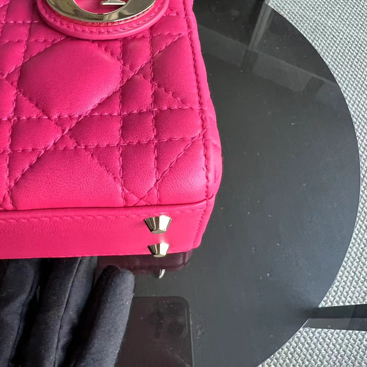 Lady Mini Lambskin Cannage Hot Pink Golden Hardware