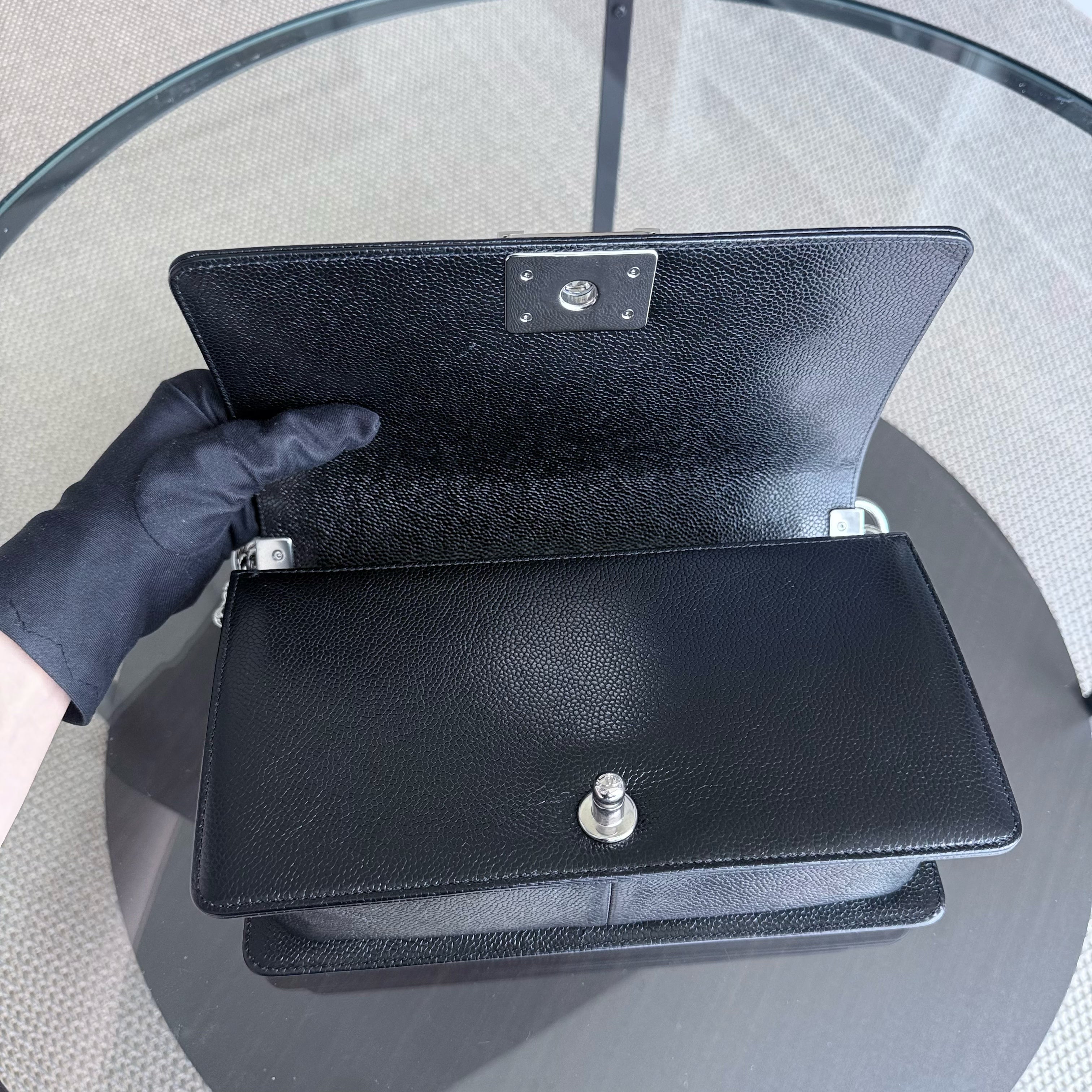 Chanel Boy Medium - Caviar 25CM Chevron Black Silver Hardware Series 29