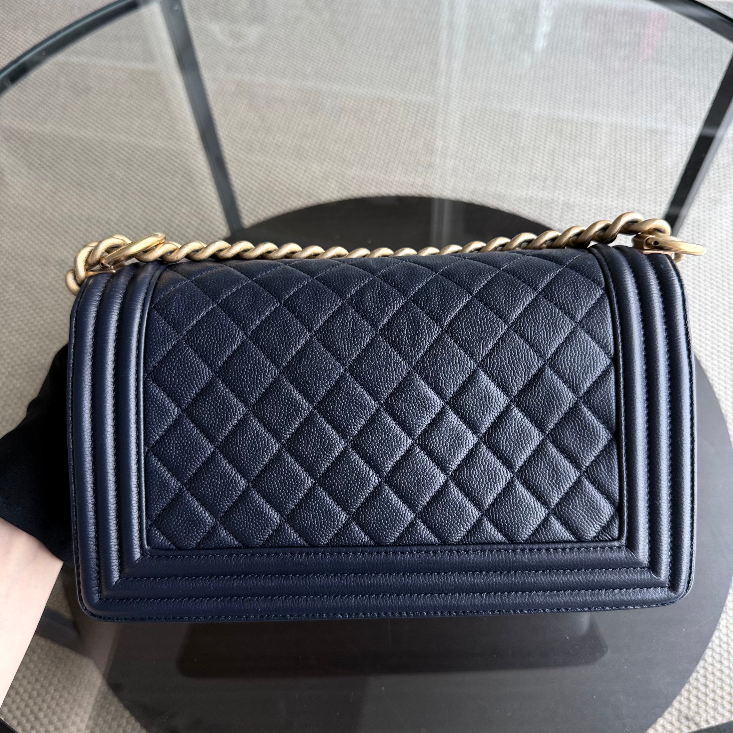 Chanel Boy Medium - Caviar 25CM Quilted Dark Navy Blue Gold Hardware Series 24