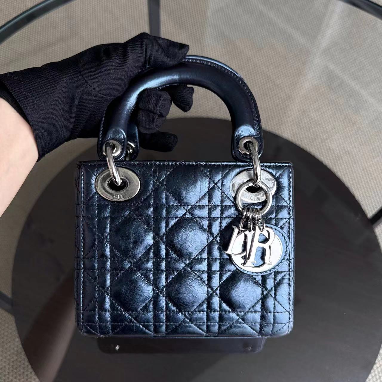 Dior Lady Mini - Glazed Calfskin Metallic Blue Silver Palladium Hardware