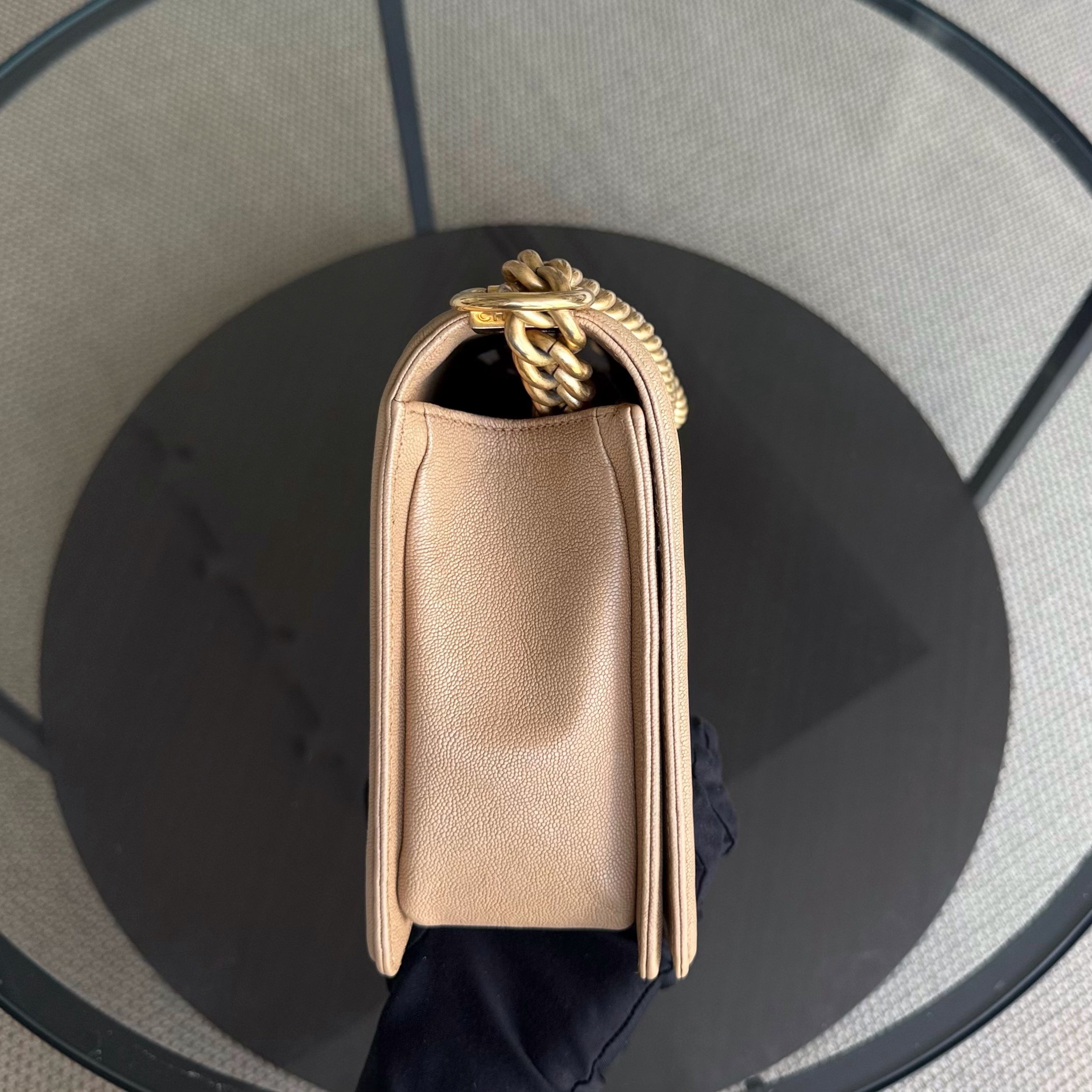 Chanel Boy New Medium - Caviar 28CM Quilted Beige Grained Calfskin Gold Hardware Series 28