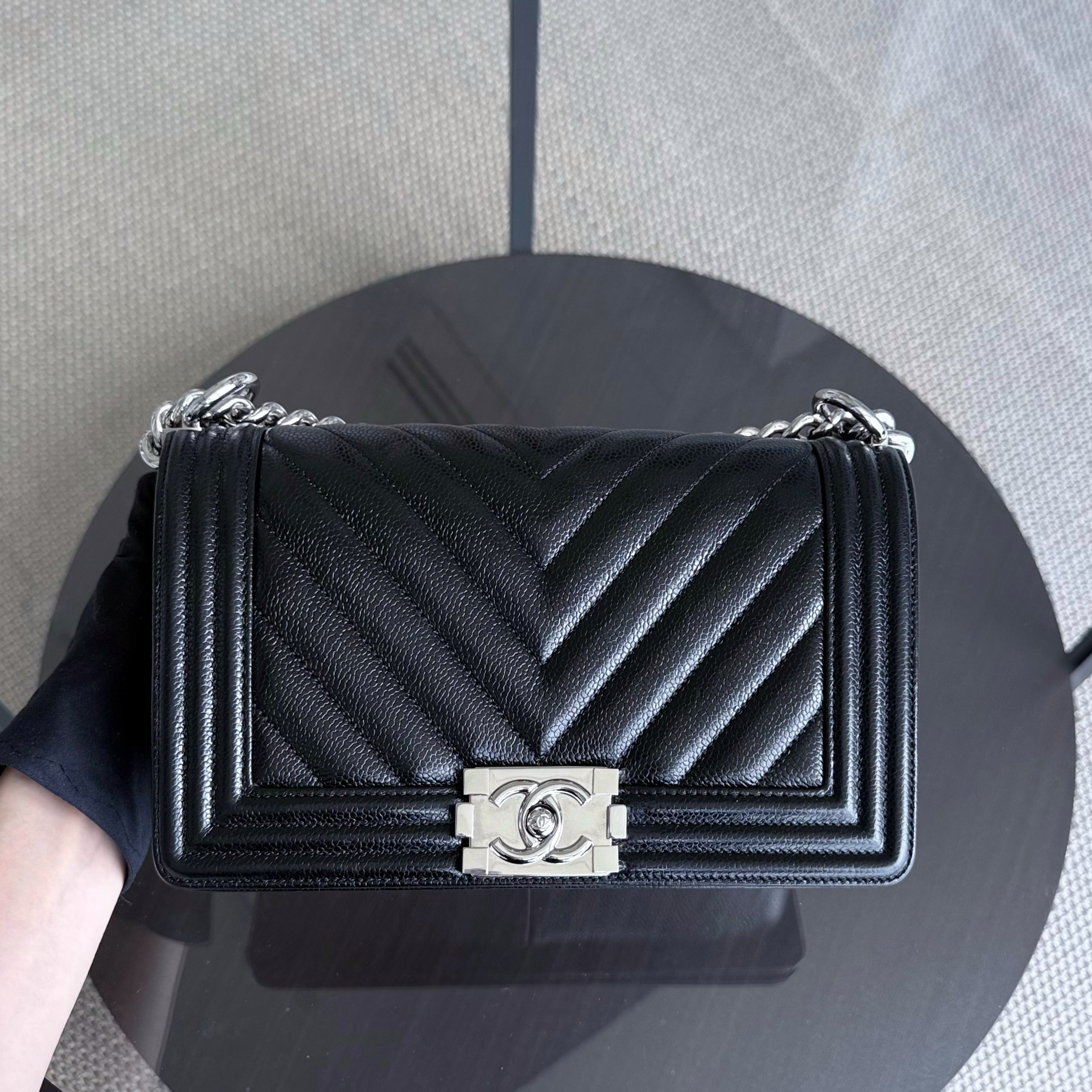 Chanel Boy Medium - Caviar 25CM Chevron Black Silver Hardware Series 29