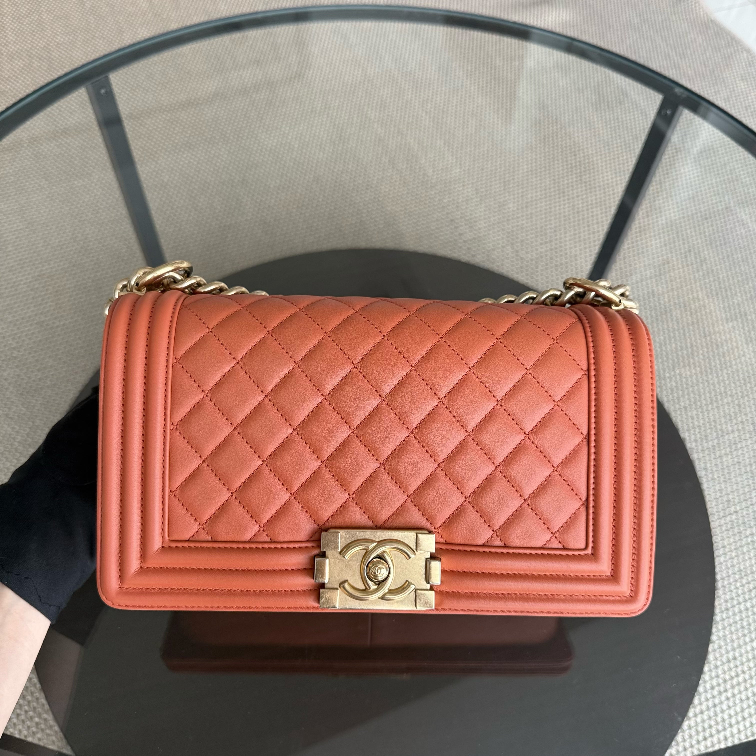 Chanel Boy Medium - 25CM Quilted Clafskin Caramel Aged Gold Hardware Series 20
