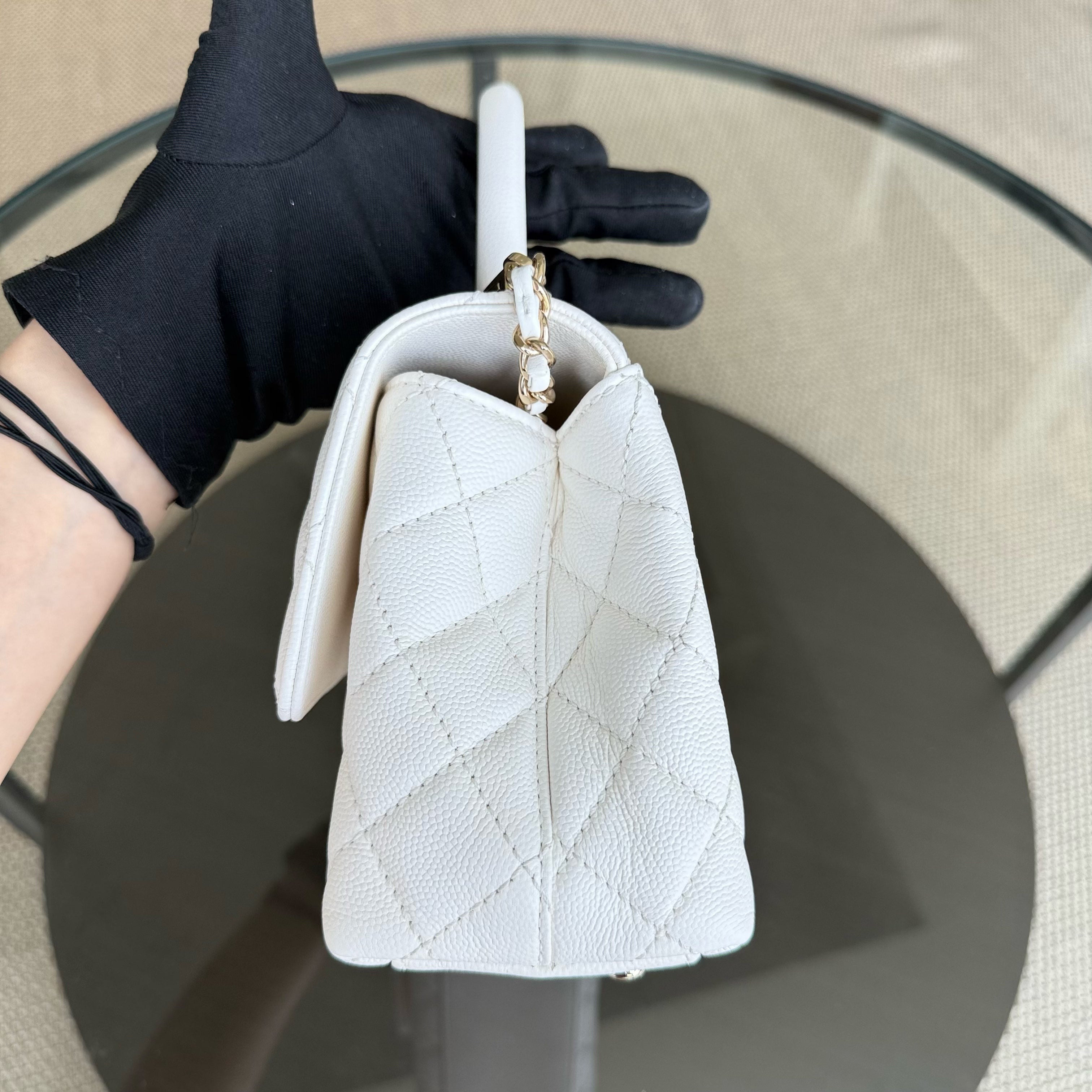 Chanel Coco Handle Small - Caviar Quilted Snow White Gold Hardware Microchip