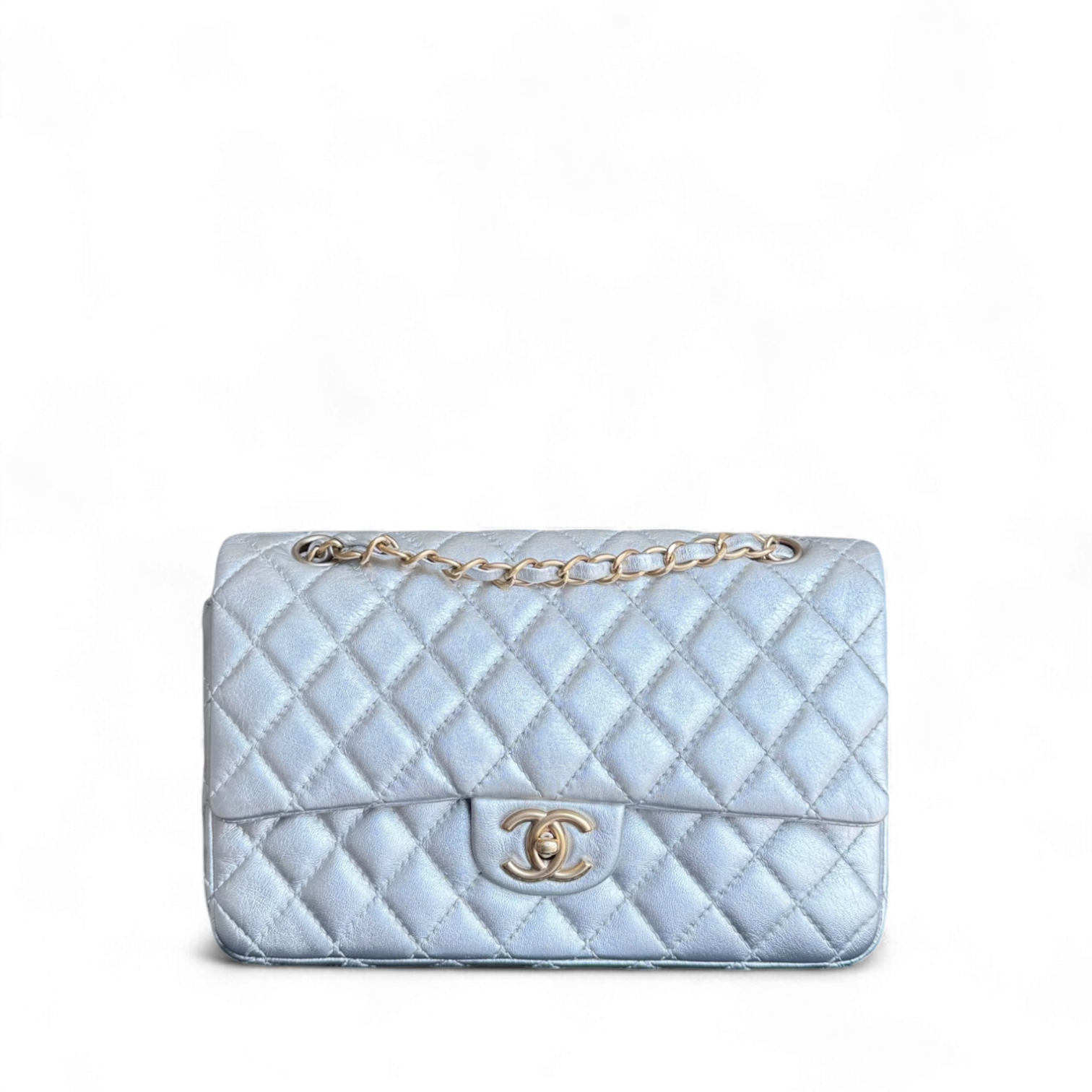 Chanel Classic Flap Medium - 25CM Quilted Lambskin Metallic Silver Gold Hardware Series 12
