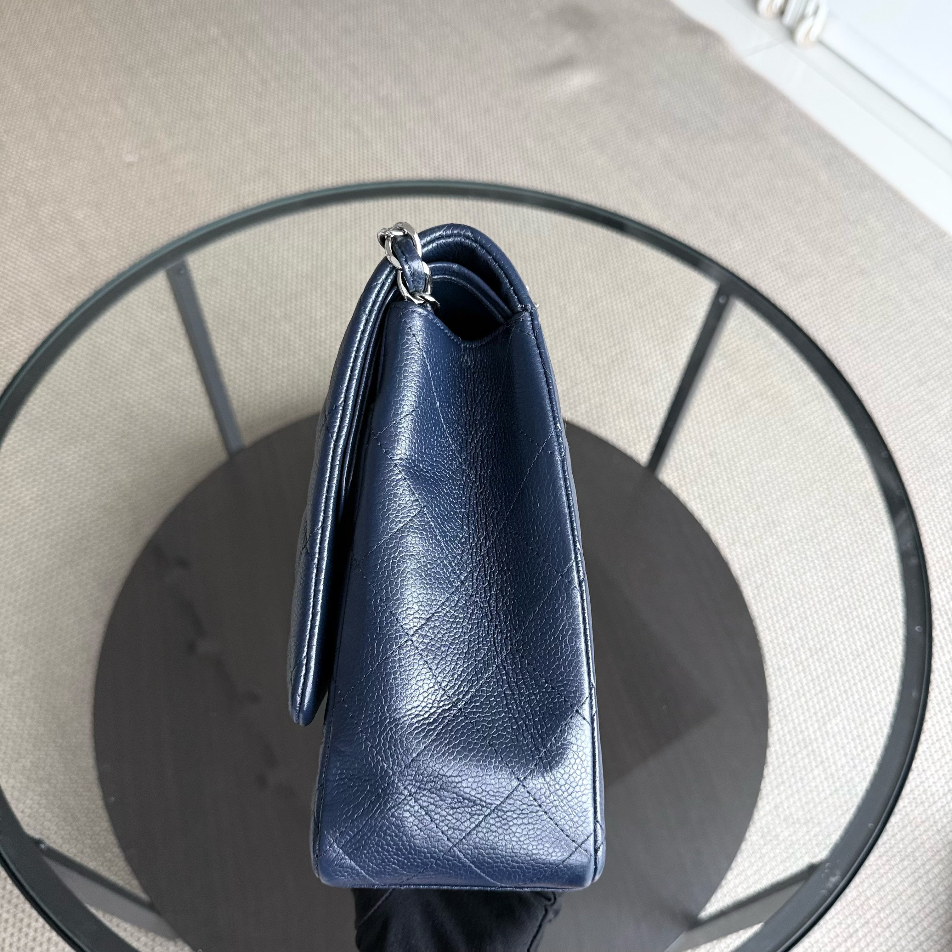Chanel Classic Flap Maxi - Caviar Double Flap 34CM Quilted Dark Blue Silver Hardware Series 15