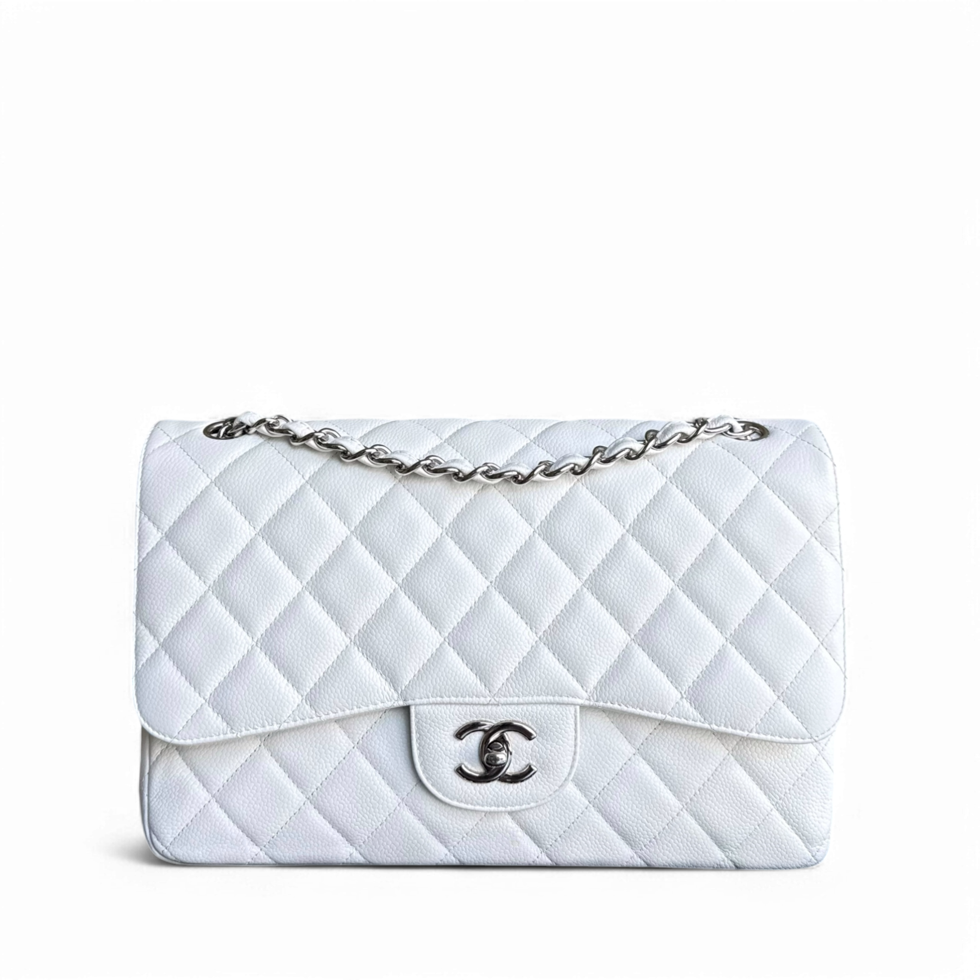 Chanel Classic Flap Jumbo - Caviar Double Flap 30CM Quilted White Silver Hardware Series 14