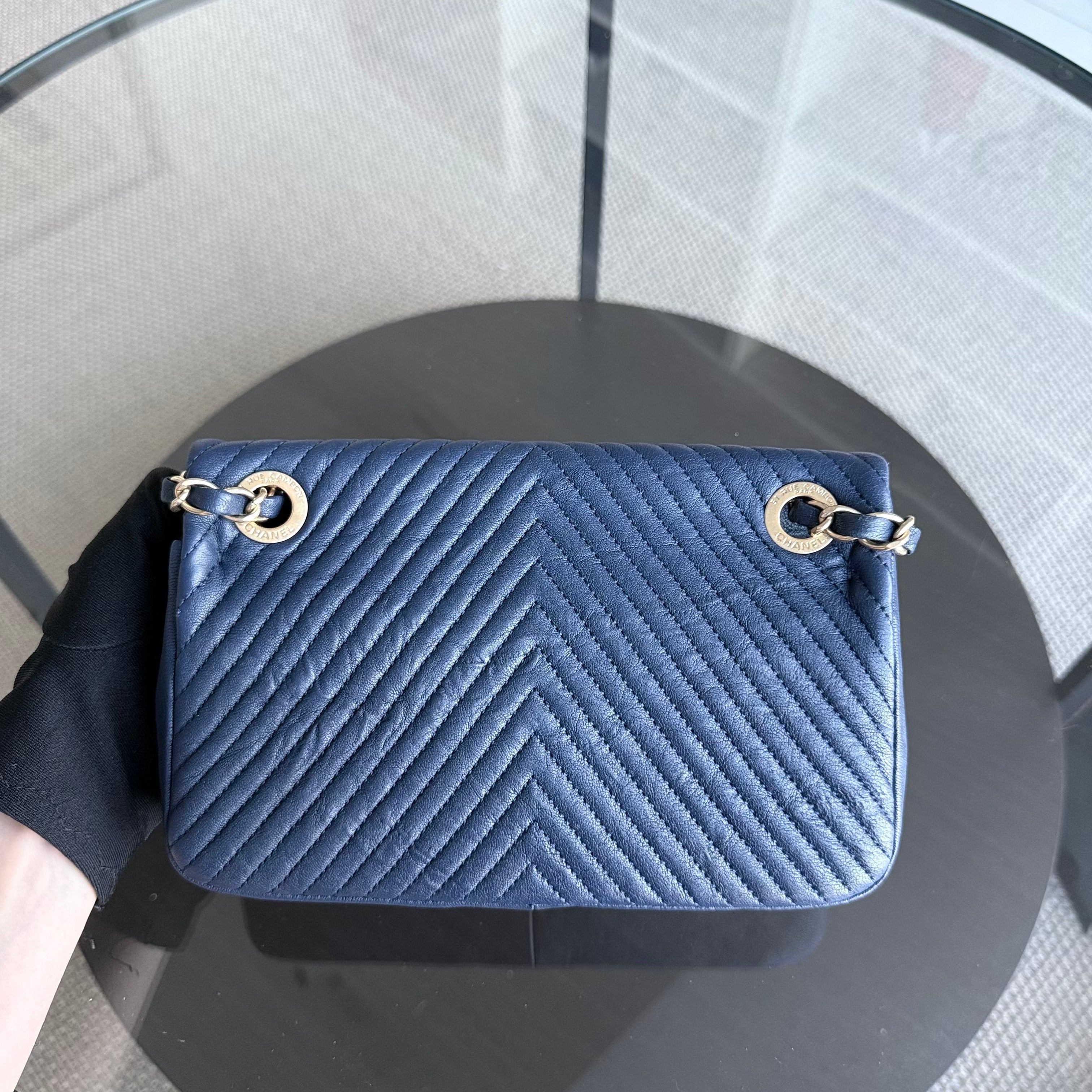 Chanel Seasonal Flap Herringbone - 23CM Calfskin Chevron Blue Distressed Aged Gold Hardware Series 21