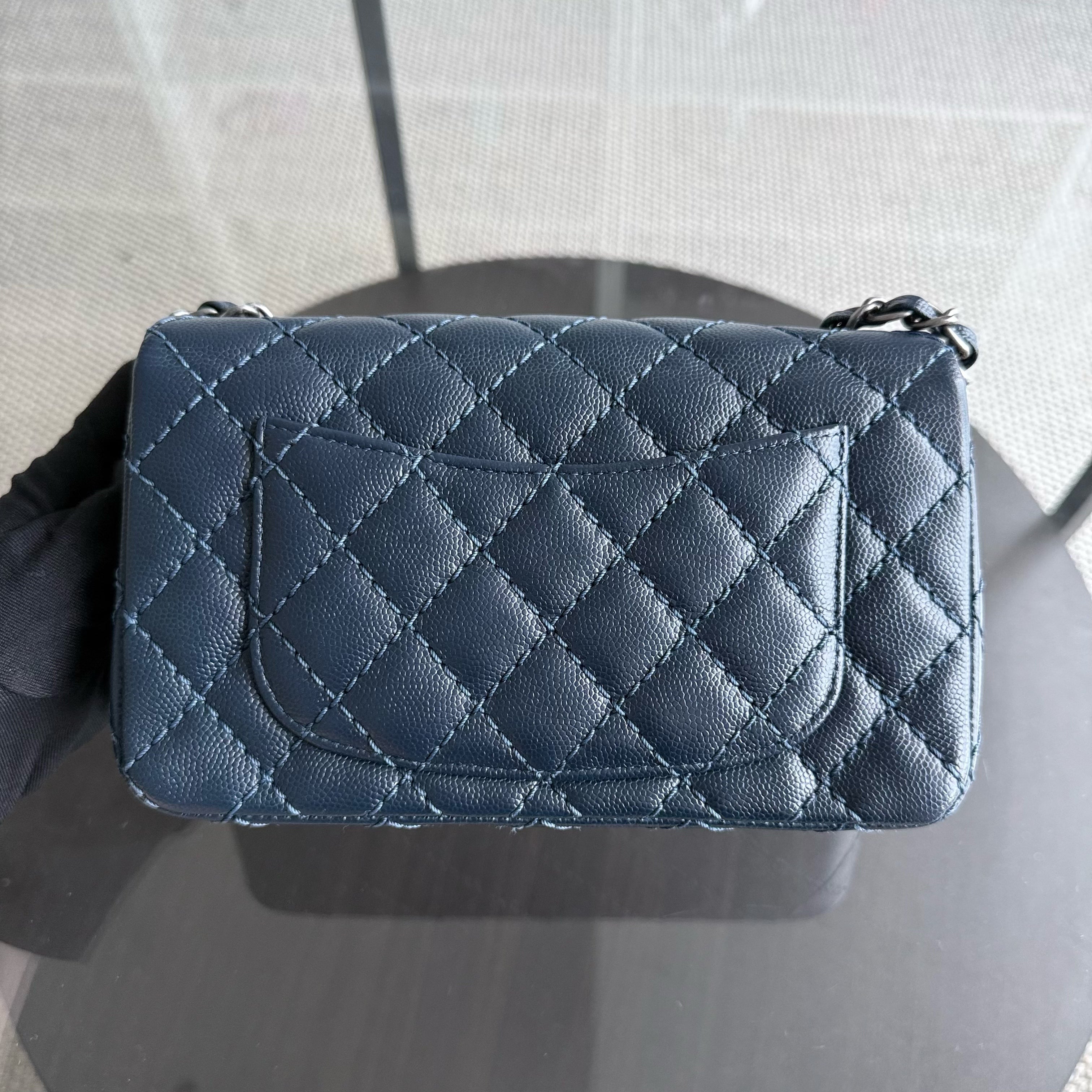 Chanel Classic Flap Mini Rectangle - Caviar 20CM Quilted Dark Blue Ruthenium Silver Hardware Series 23