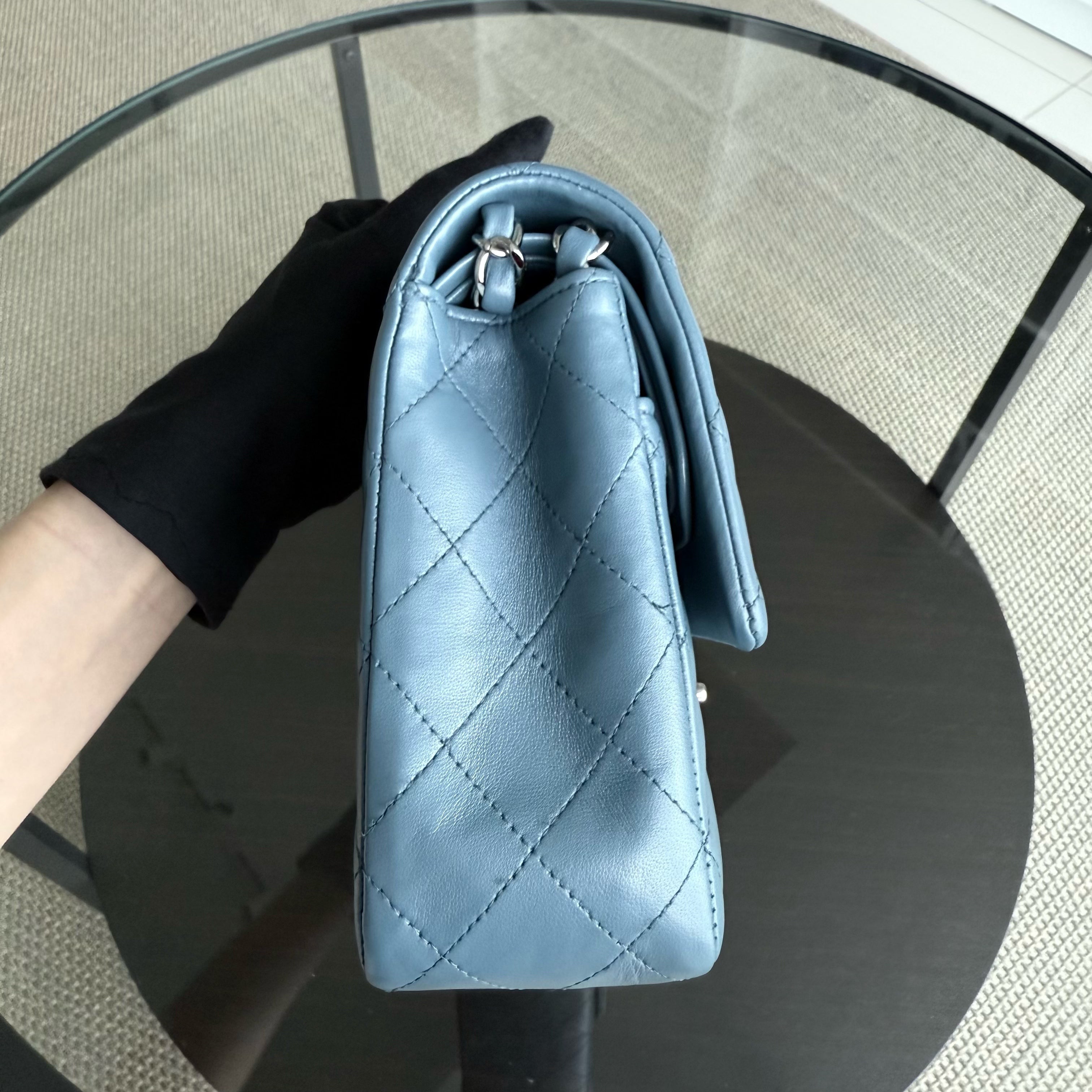 Chanel Classic Flap Medium - 25CM Quilted Lambskin Haze Blue Silver Hardware & Balance of Chanel PST RED