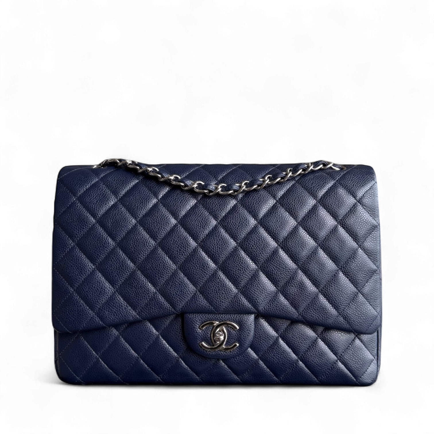 Chanel Classic Flap Maxi - Caviar Double Flap 33CM Quilted Grained Calfskin Dark Blue Silver Hardware Series 18
