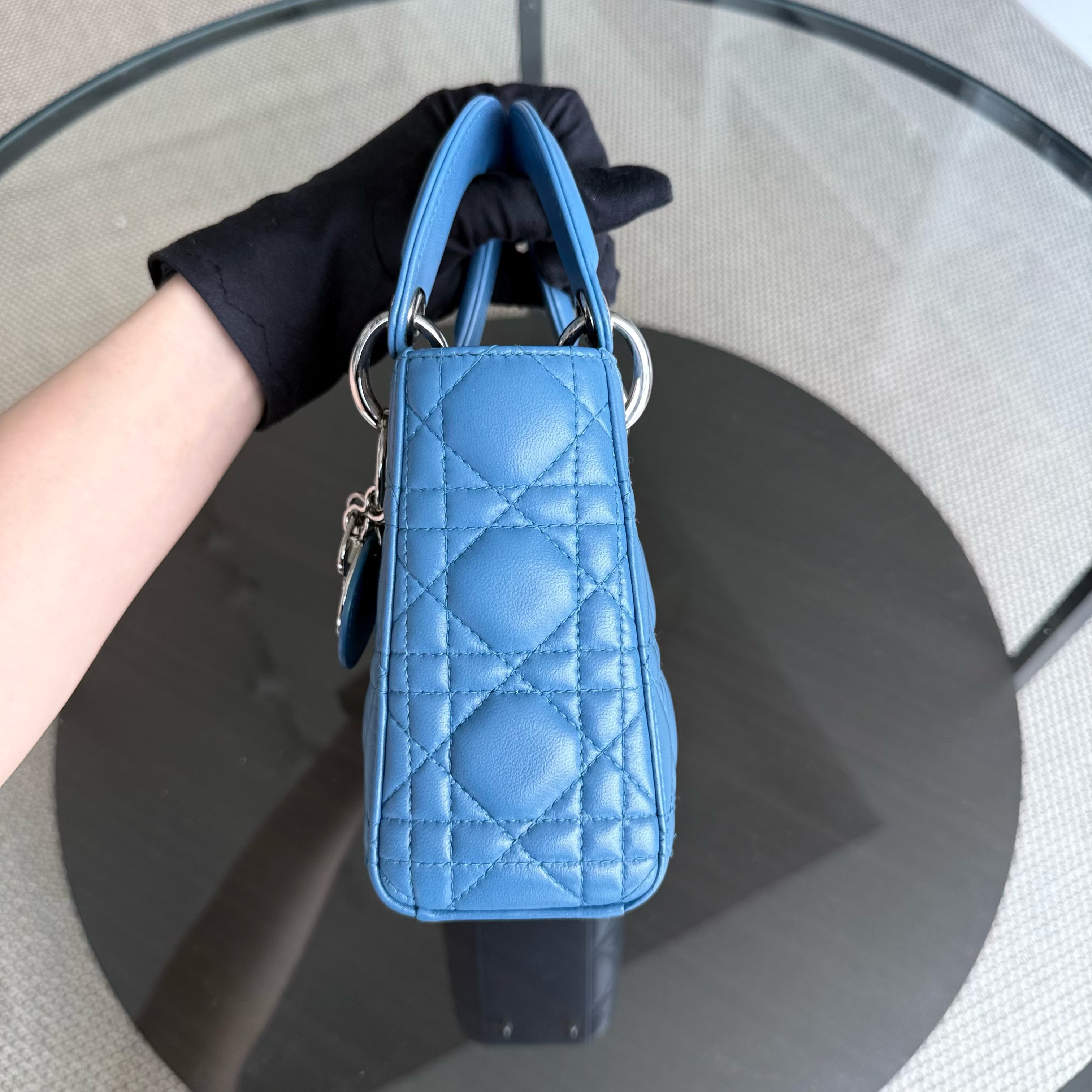Dior Lady Mini - Cannage Lambskin Blue Silver Hardware Adjustable Strap