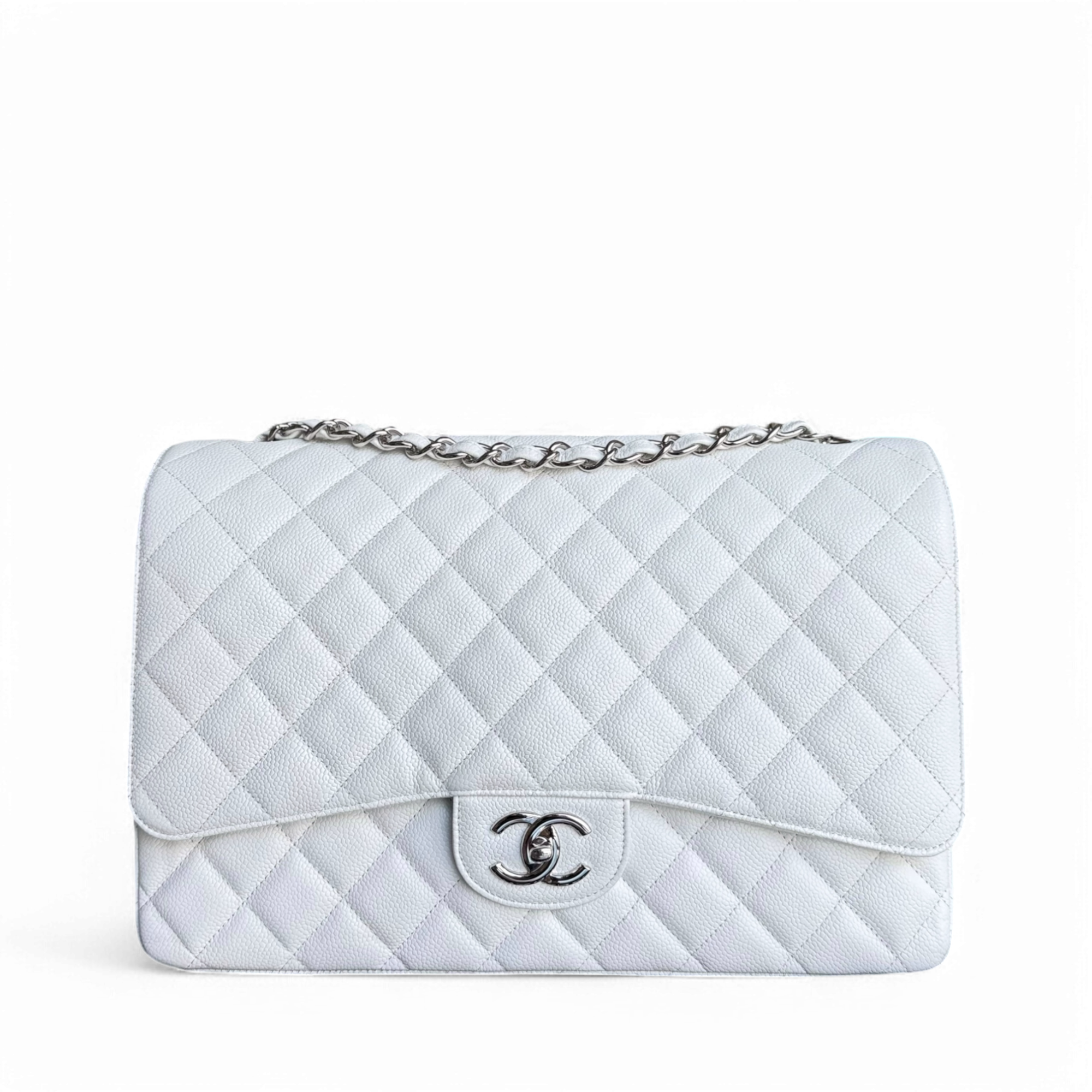 Chanel Classic Flap Maxi - Caviar Double Flap 33CM Quilted White Silver Hardware Series 14