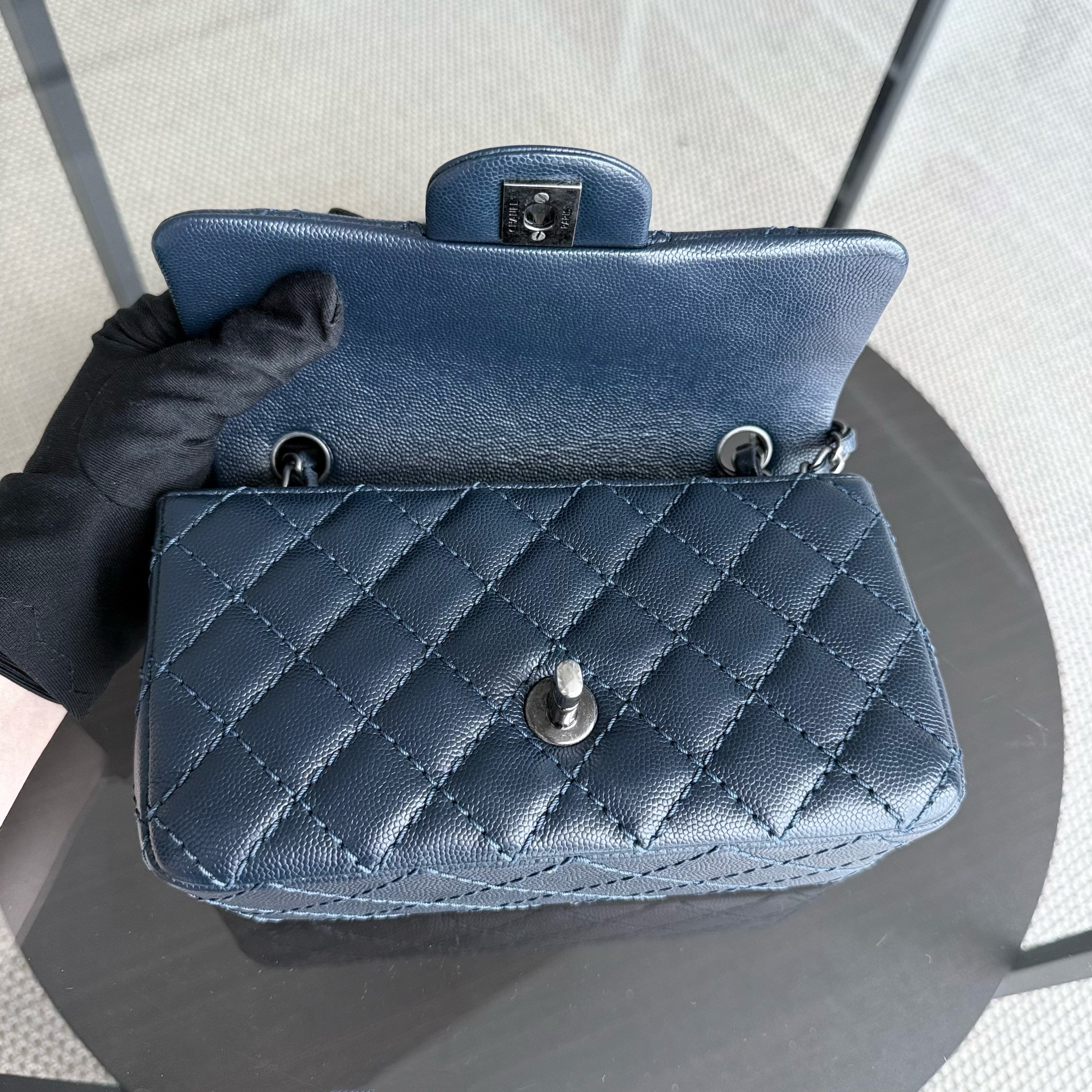 Chanel Classic Flap Mini Rectangle - Caviar 20CM Quilted Dark Blue Ruthenium Silver Hardware Series 23