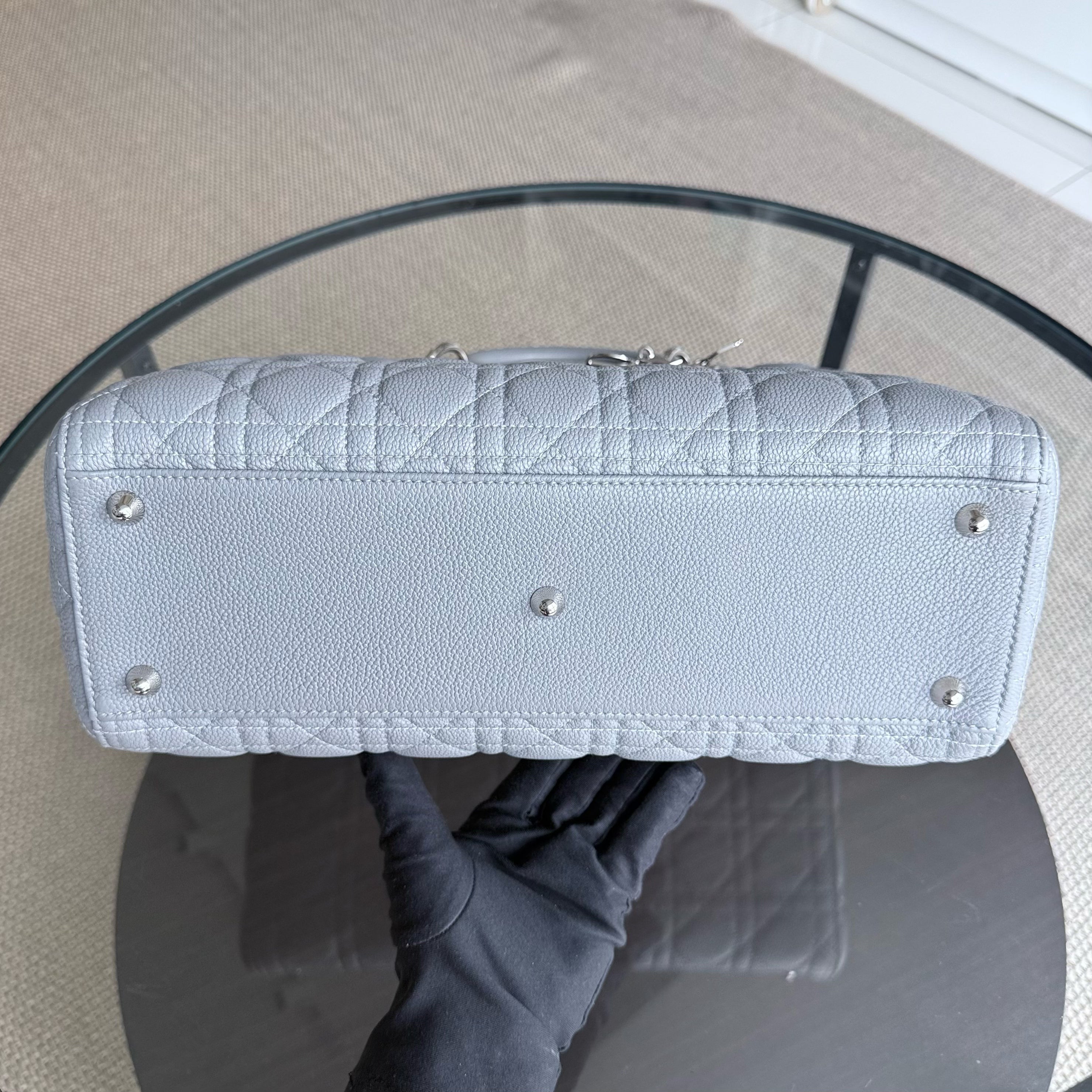 Dior Lady Large - Caviar Cannage Grained Calfskin Grey Gray Silver Hardware