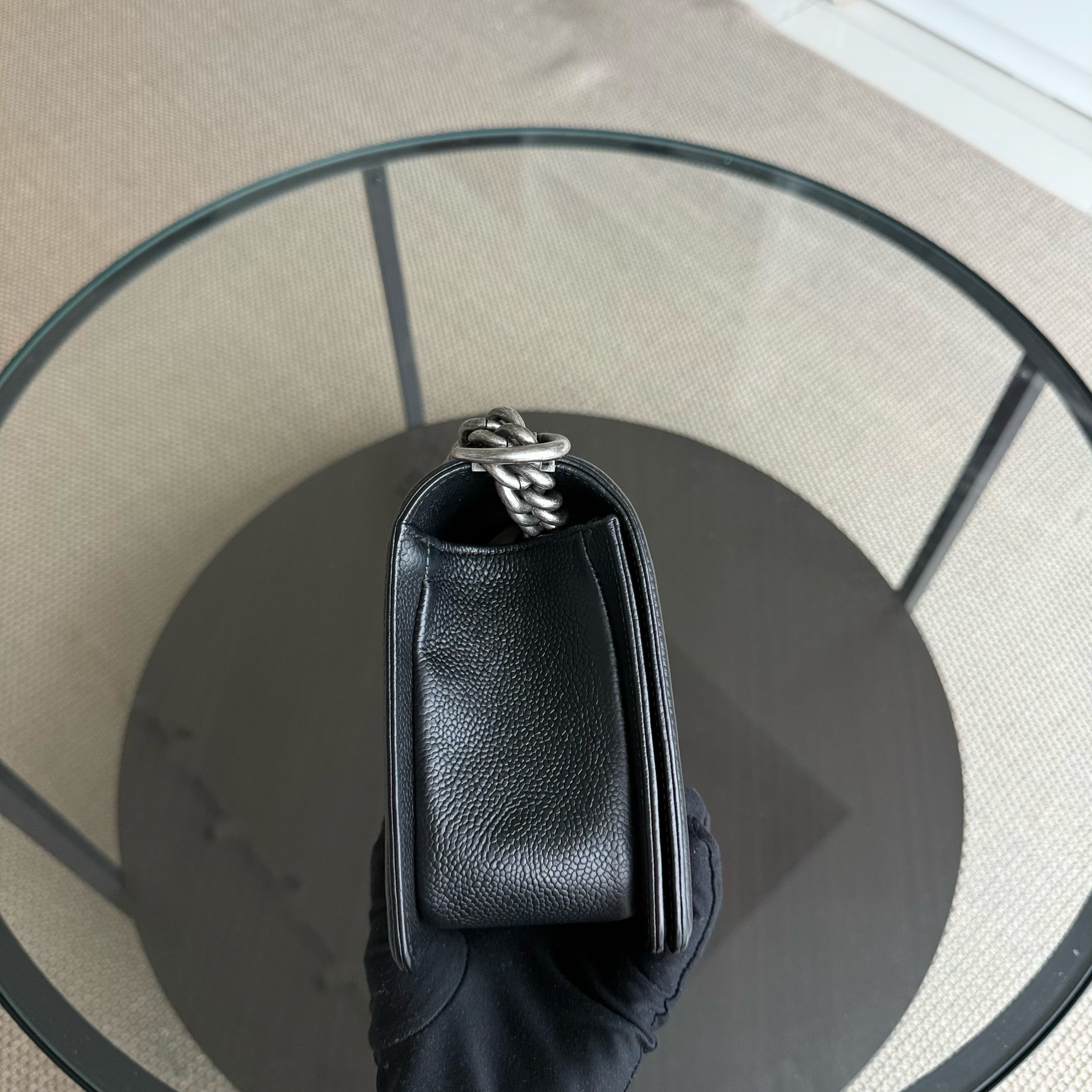 Chanel Boy Medium - Caviar 25CM Chevron Black Ruthenium Silver Hardware Series 29