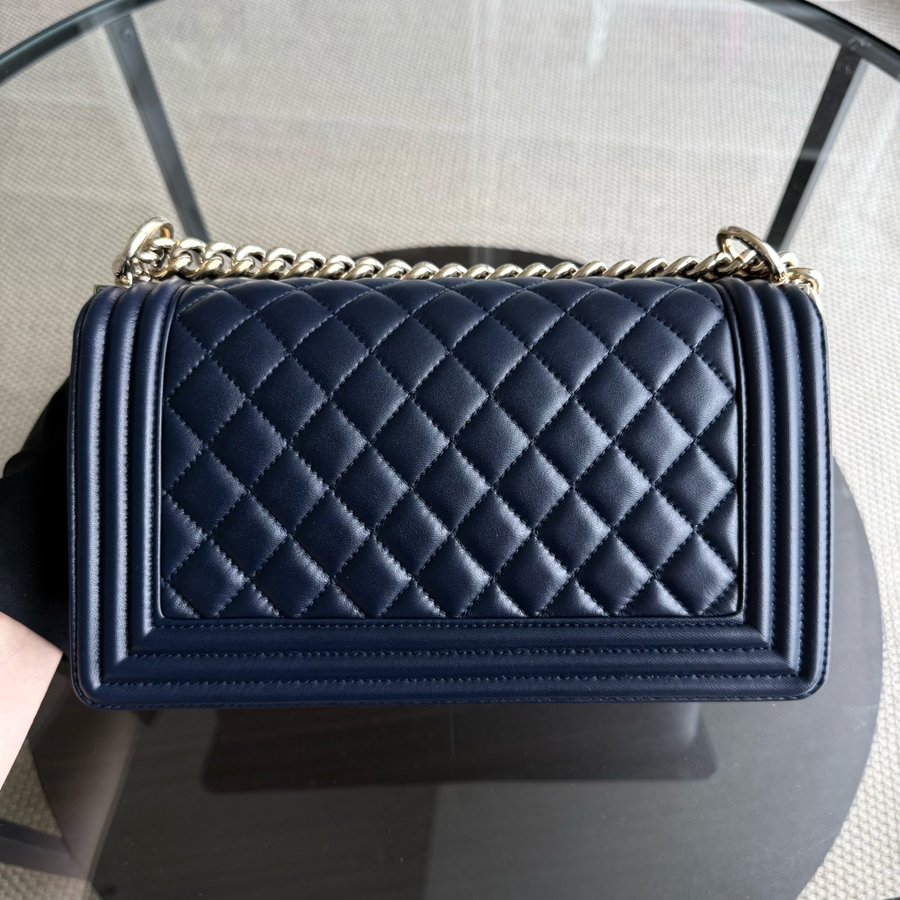 Chanel Boy Medium - 25CM Quilted Lambskin Dark Navy Blue Gold Hardware Series 22