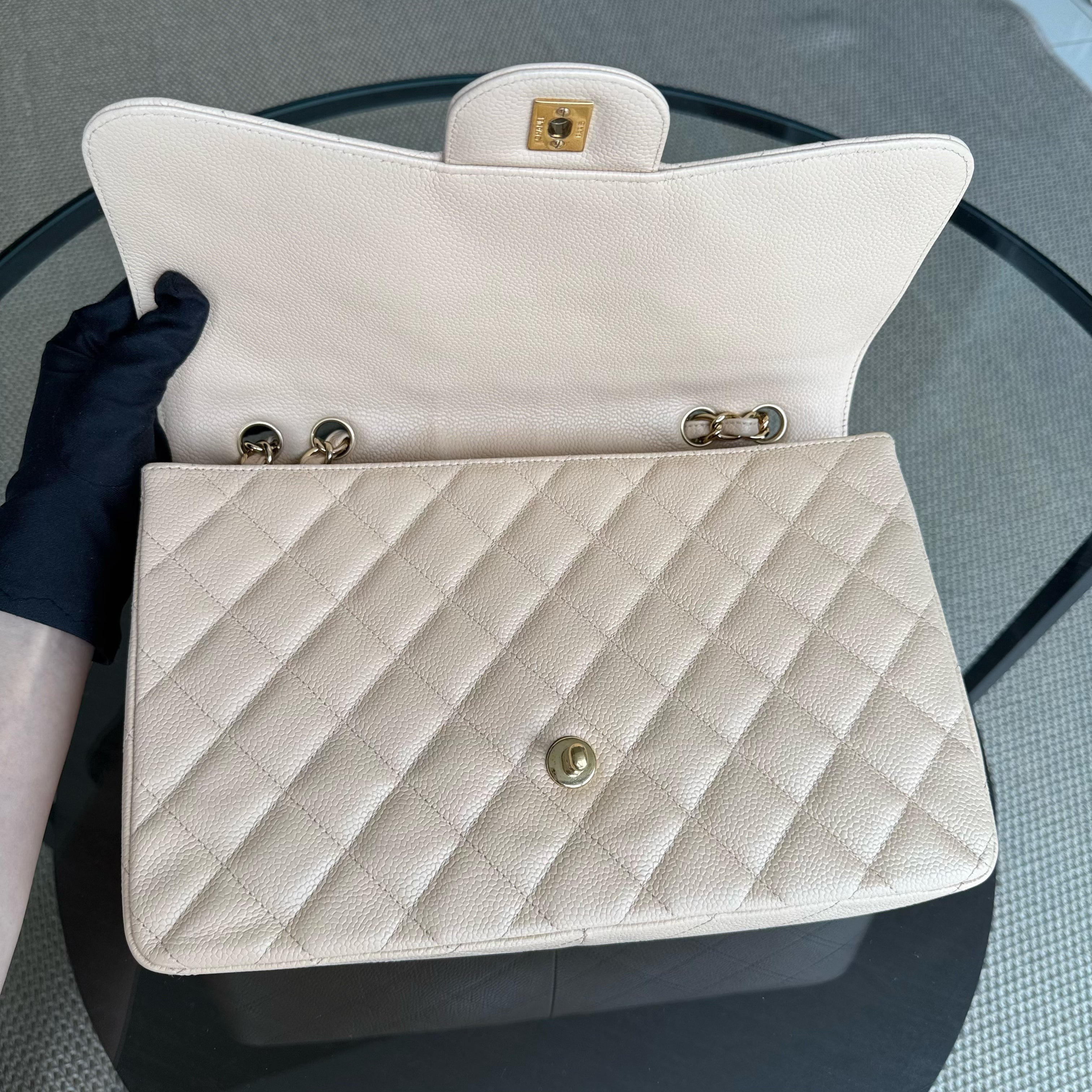 Chanel Classic Flap Jumbo - Caviar 30CM Single Flap Quilted Beige Gold Hardware Series 14