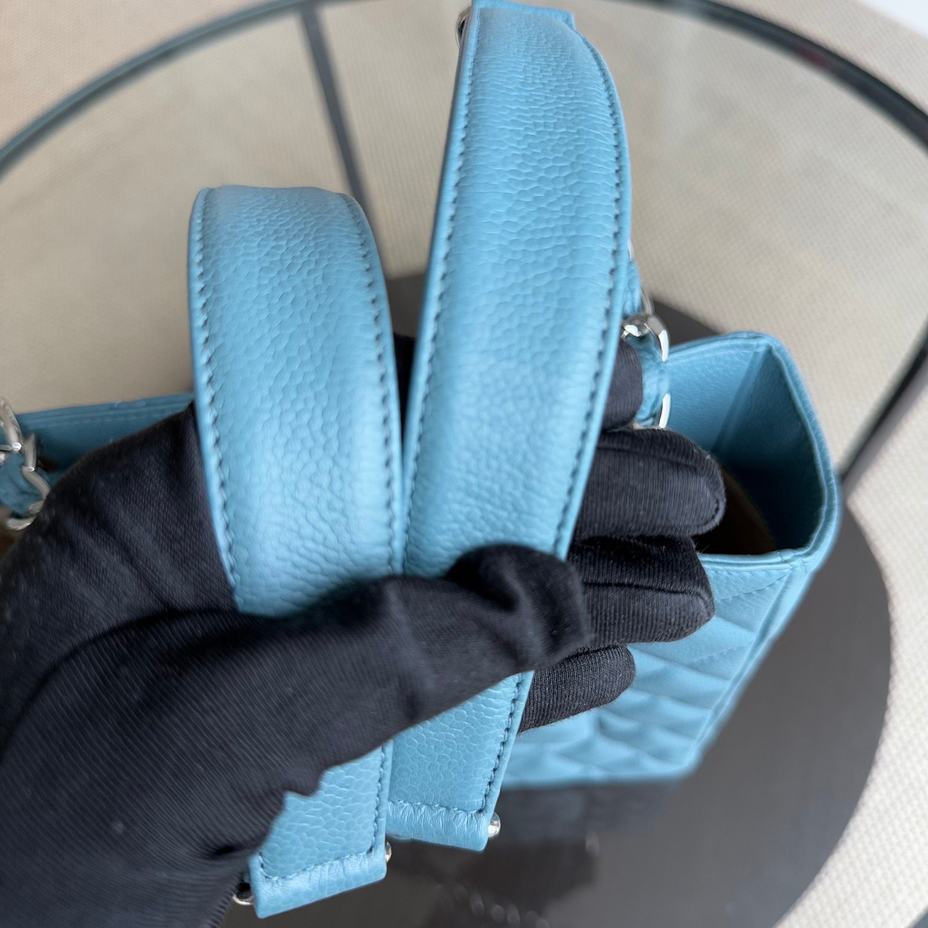 Chanel PST Petite Shopping Tote - Quilted Caviar Light Blue Silver Hardware Series 14